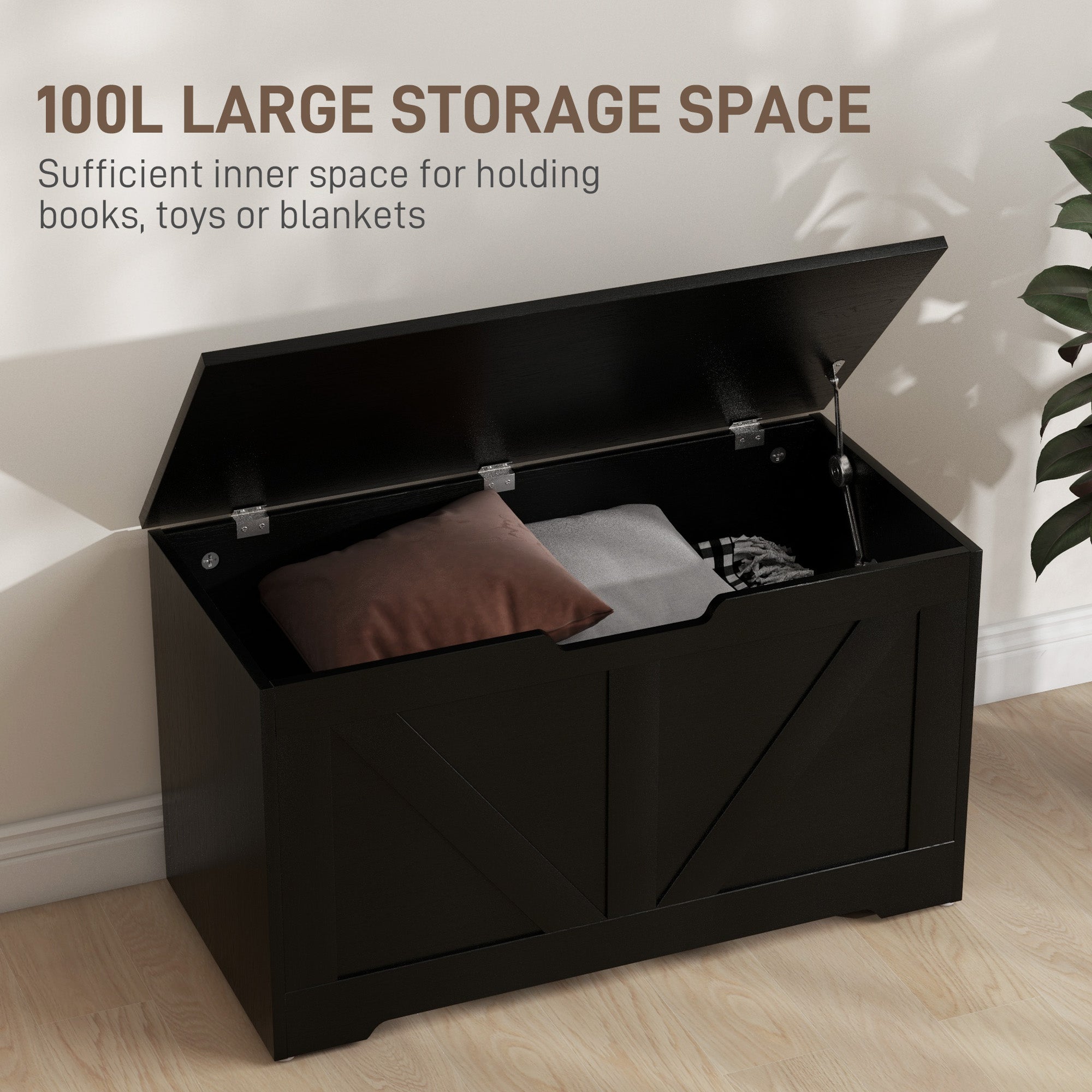 Kozy - 100L Home Storage Box, with Safety Hinges - Black Wood-Effect