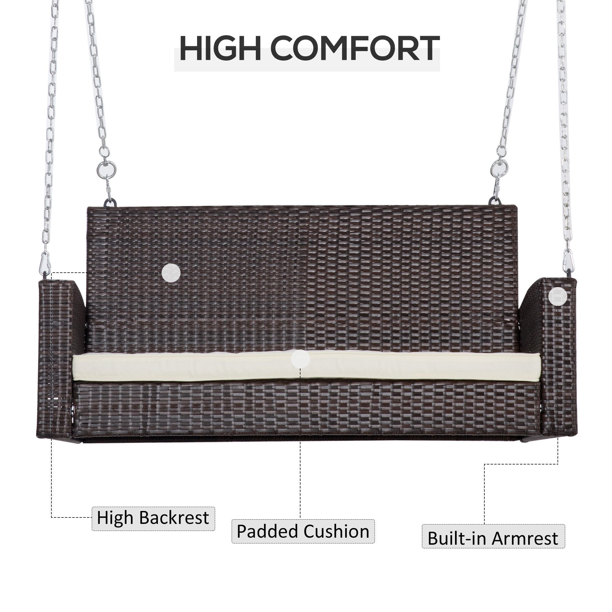 Kozy 2 Seater Rattan Garden Swing Chair, Porch Swing Bench Loveseat with Cushion, Wicker Outdoor Hanging Swinging Seat with 2 Metal Chains, 250 KG Capacity for Patio, Balcony, Cream White