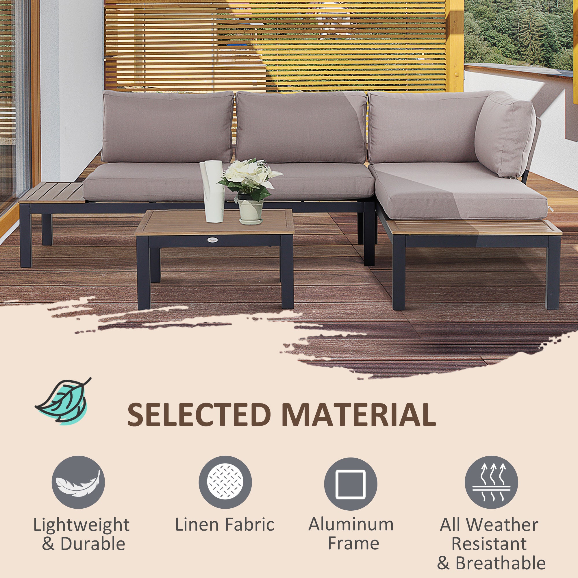 Kozy 3 Pieces Garden Furniture Set, Aluminium 4 Seater Corner Sofa Set with 2 Loveseats, Coffee Table and Side Trays, Outdoor Conversation Furniture with Cushions for Garden, Black