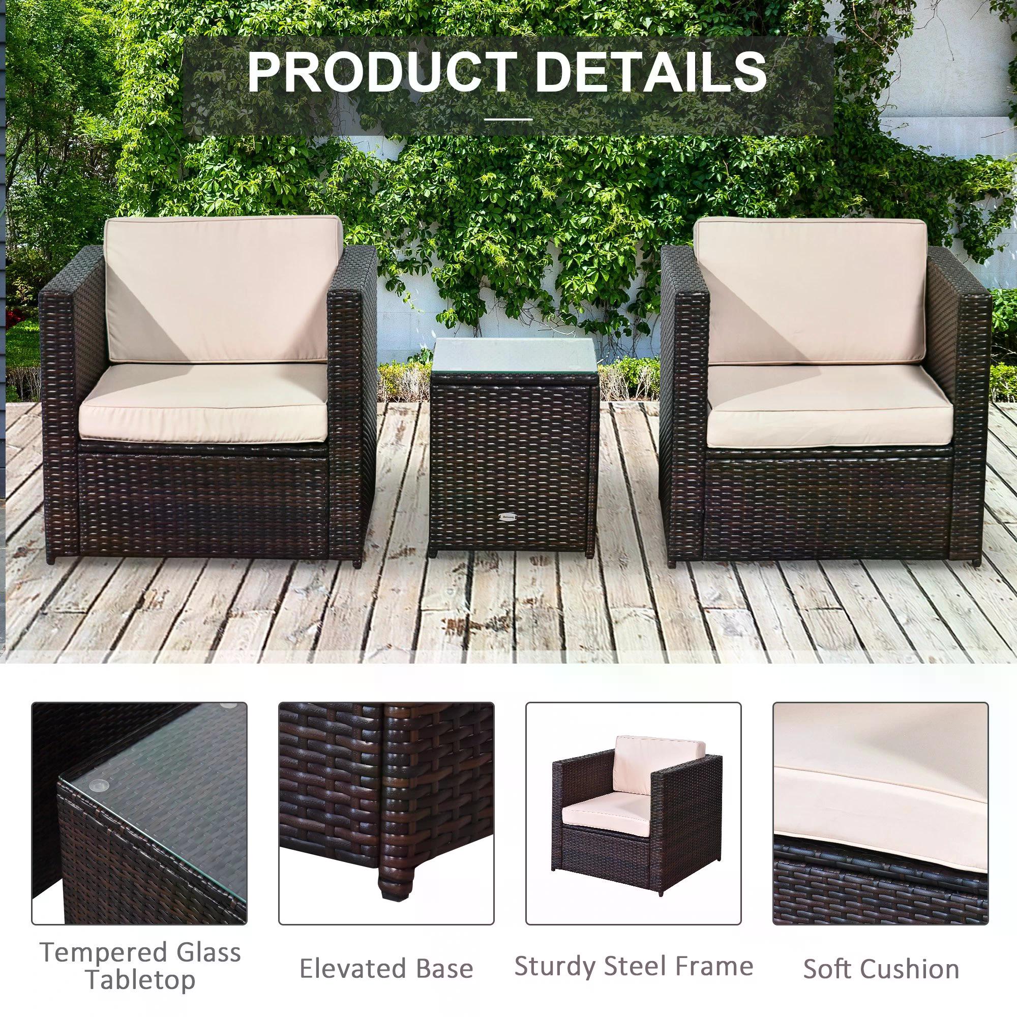 Outsunny Rattan Garden Furniture 2 Seater Sofa Furniture Set W/Cushions, Steel Frame