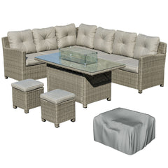 Kozy 8-Seater Outdoor PE Rattan Sofa Set Conversation Set w/ Fire Pit Table, L-Shape Sofa, Footstool and Furniture Cover