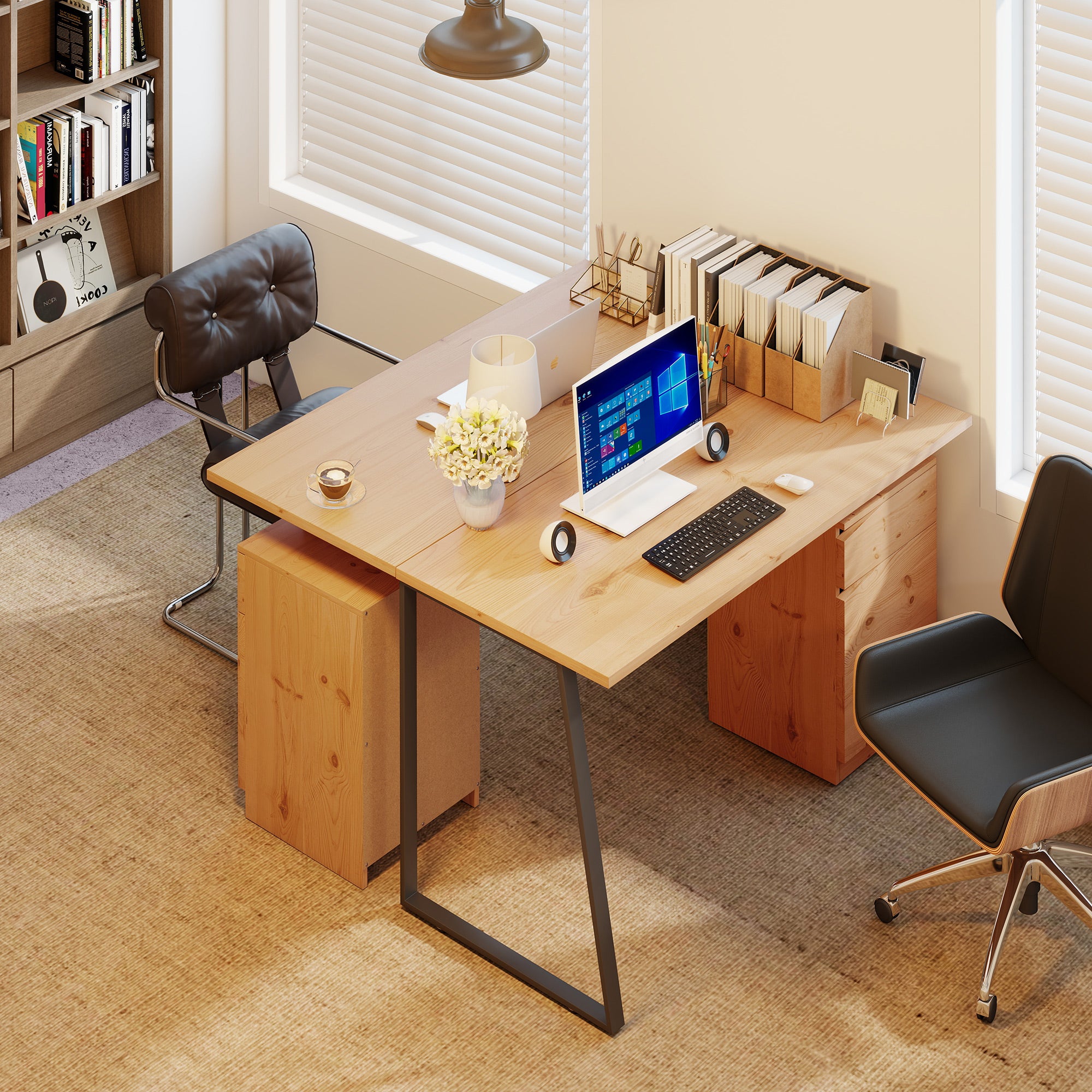 Kozy Computer Desk, Writing Desk with Cabinet, Drawer, Metal Legs, Work Table for Home Office Study, Natural Wood Finish