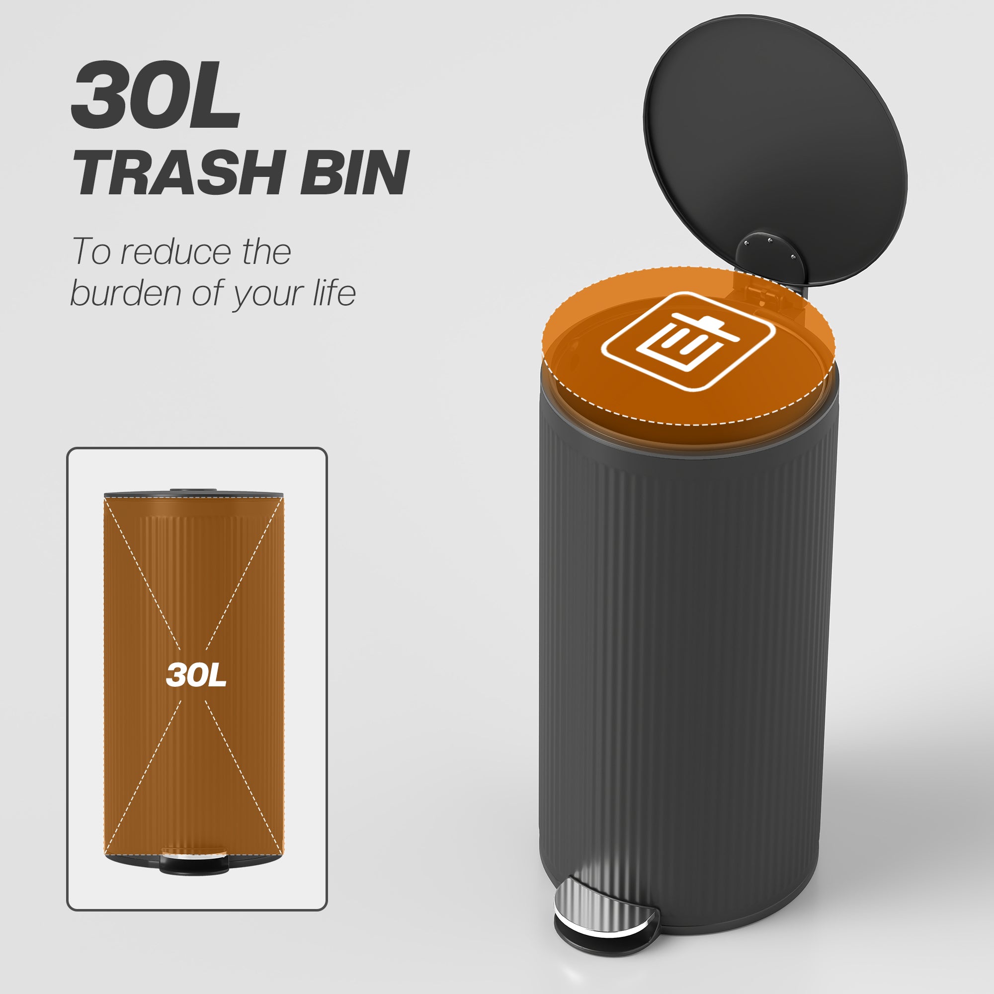 Kozy 30 Litre Pedal Kitchen Bin with Soft Close and Stay Open Lid, Rubbish Bin with Removable Inner Bucket for Kitchen, Office, Home, Black