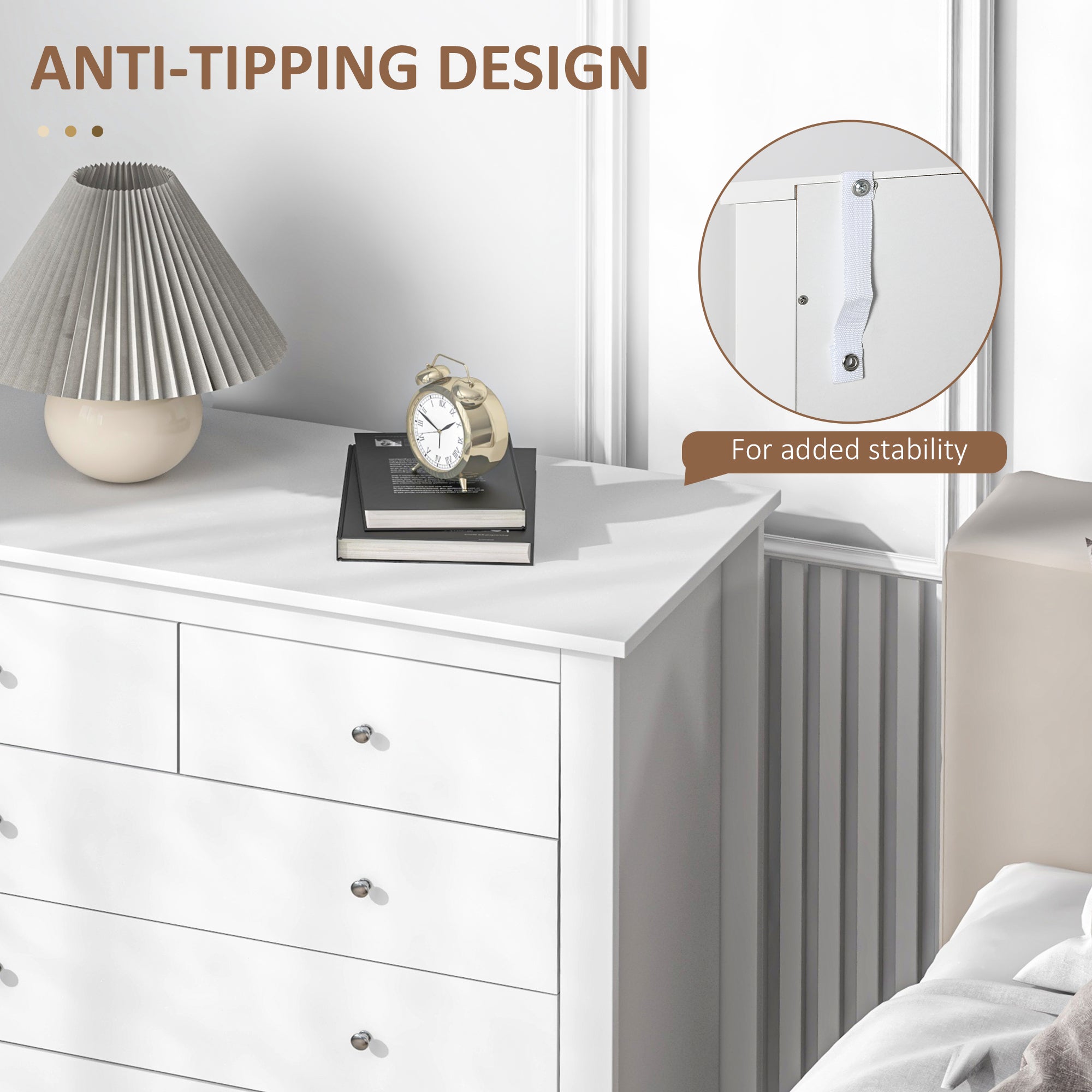 Kozy Modern Chest of Drawers, 5 Drawer Storage Cabinet with Metal Handles and Runners for Bedroom, White