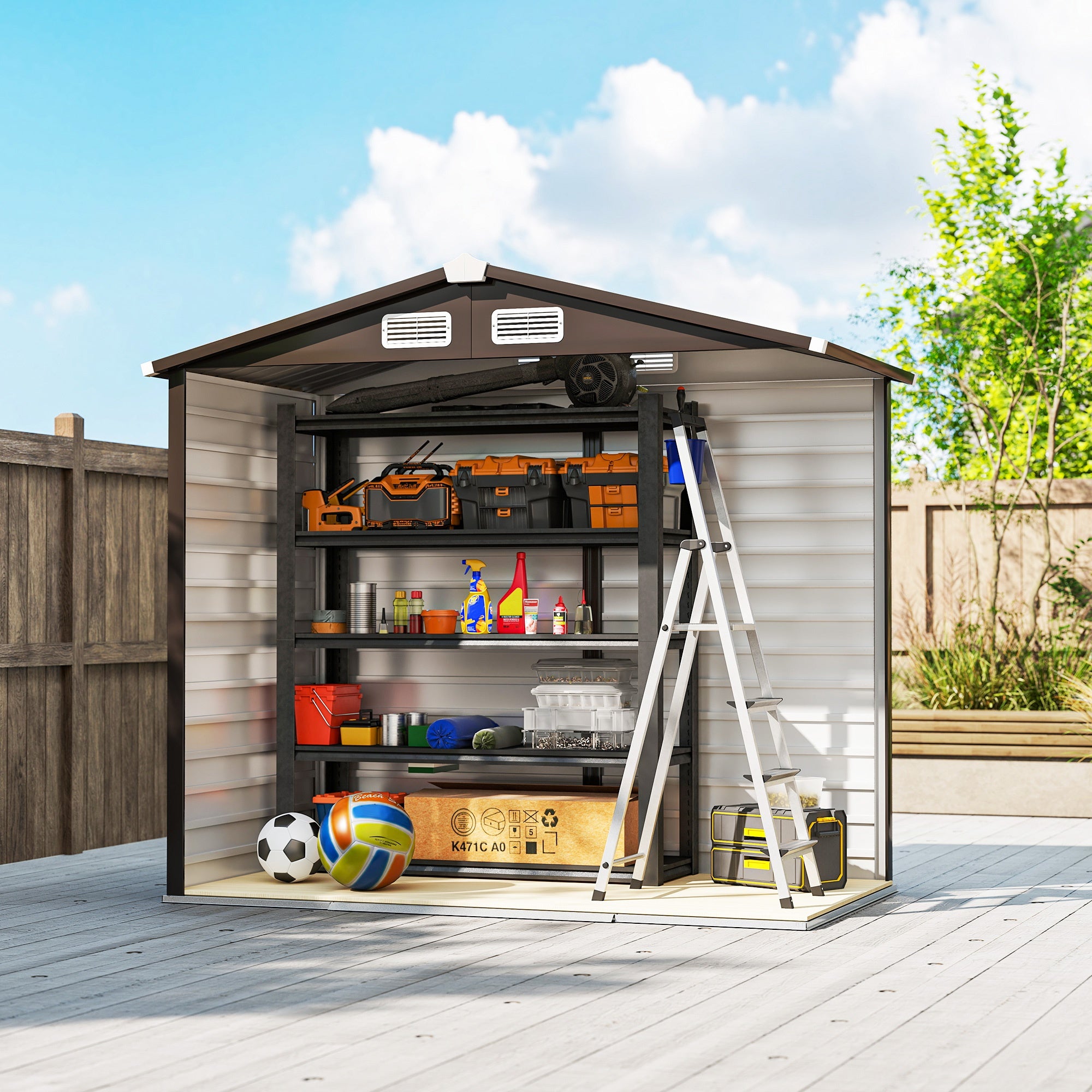 Kozy - 7 x 4ft Garden Shed, Easy to Assemble, Upgraded Galvanised Steel Frame with Foundation Kit, Double Doors with Lock, Outdoor Metal Shed with Vents and Gloves, Garden Storage Shed, Natural