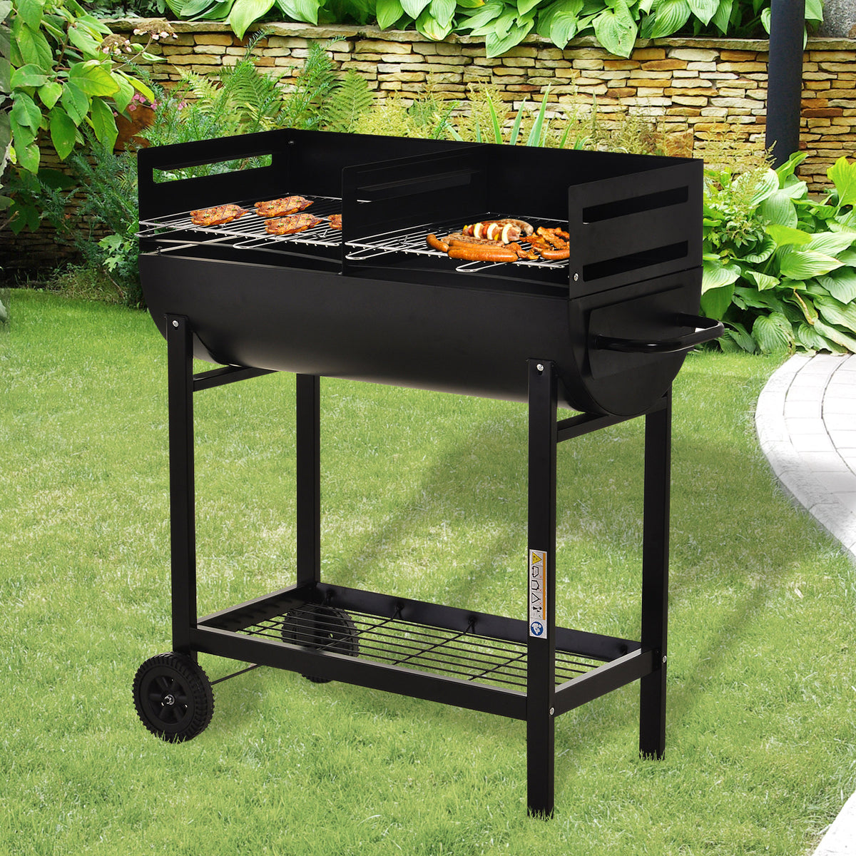 Outsunny Charcoal Barbecue Grill Garden BBQ Trolley w/ Dual Grill, Adjustable Grill Nets, Heat