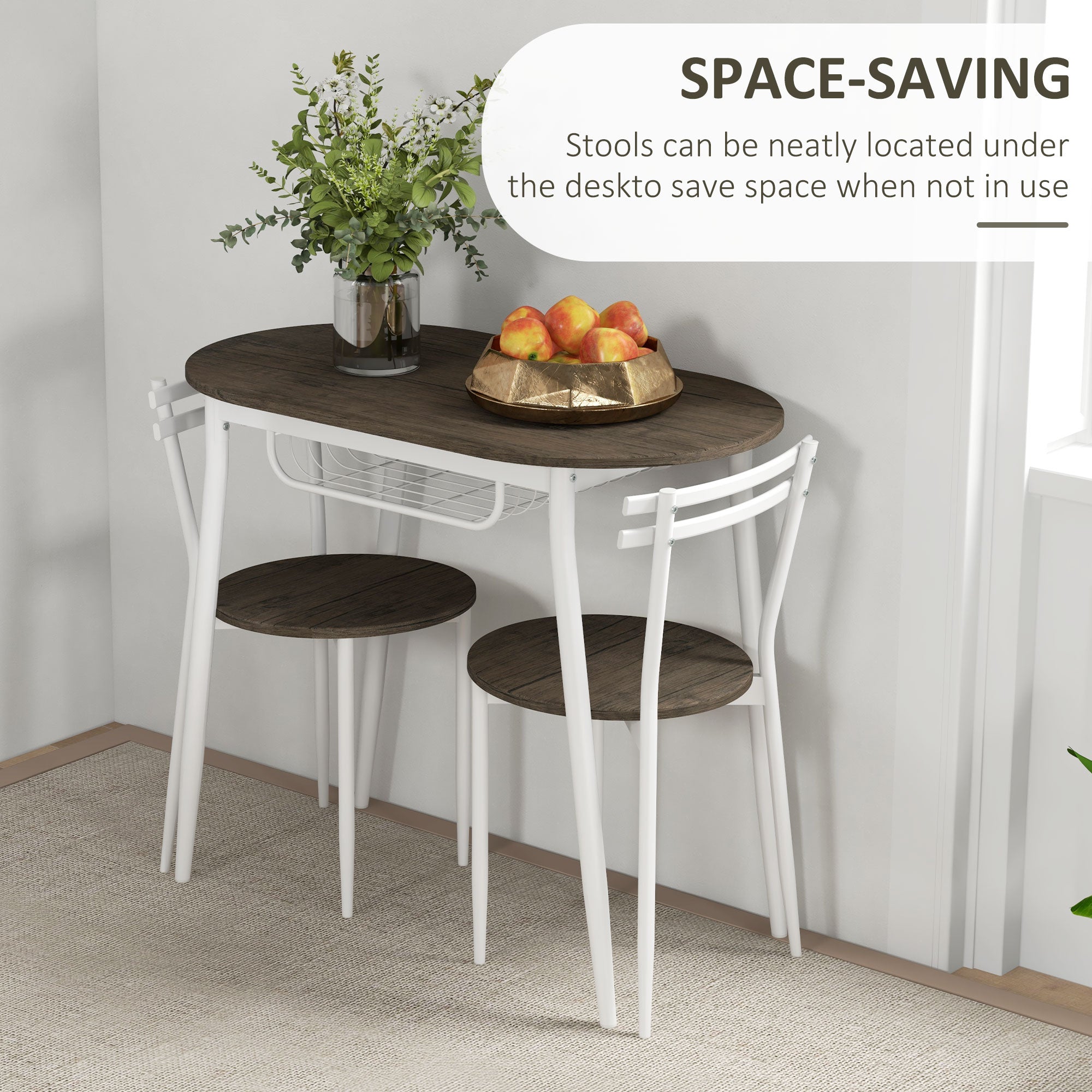 Kozy 3-Piece Dining Table and Chairs Set, Oval Kitchen Table with 2 Chairs, with Wire Storage Shelf and Steel Frame, Natural