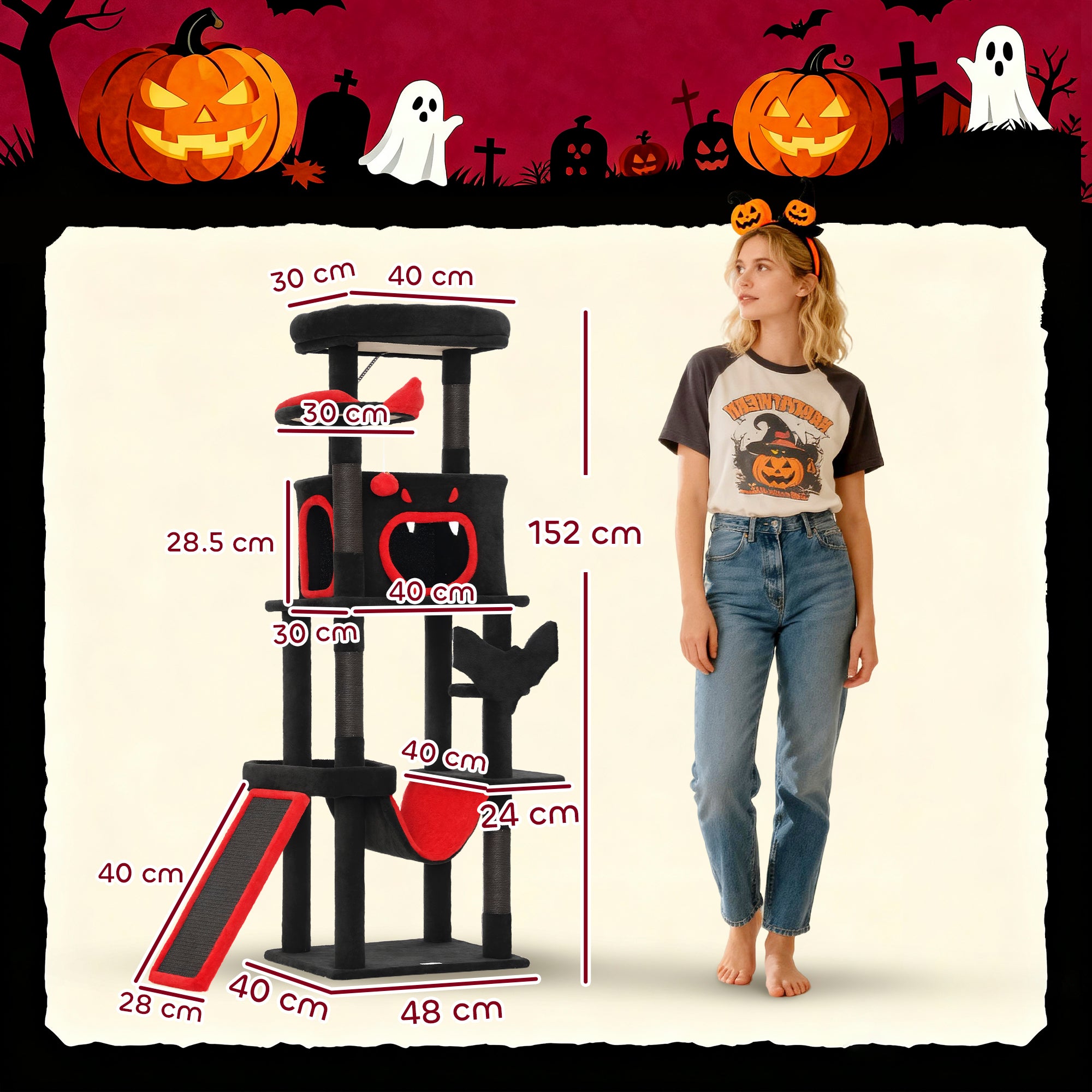Kozy - Gothic Cat Tree, 152 cm Multi-Level Cat Tower for Large Cats with Coffin Bed, Large Condo, for Halloween