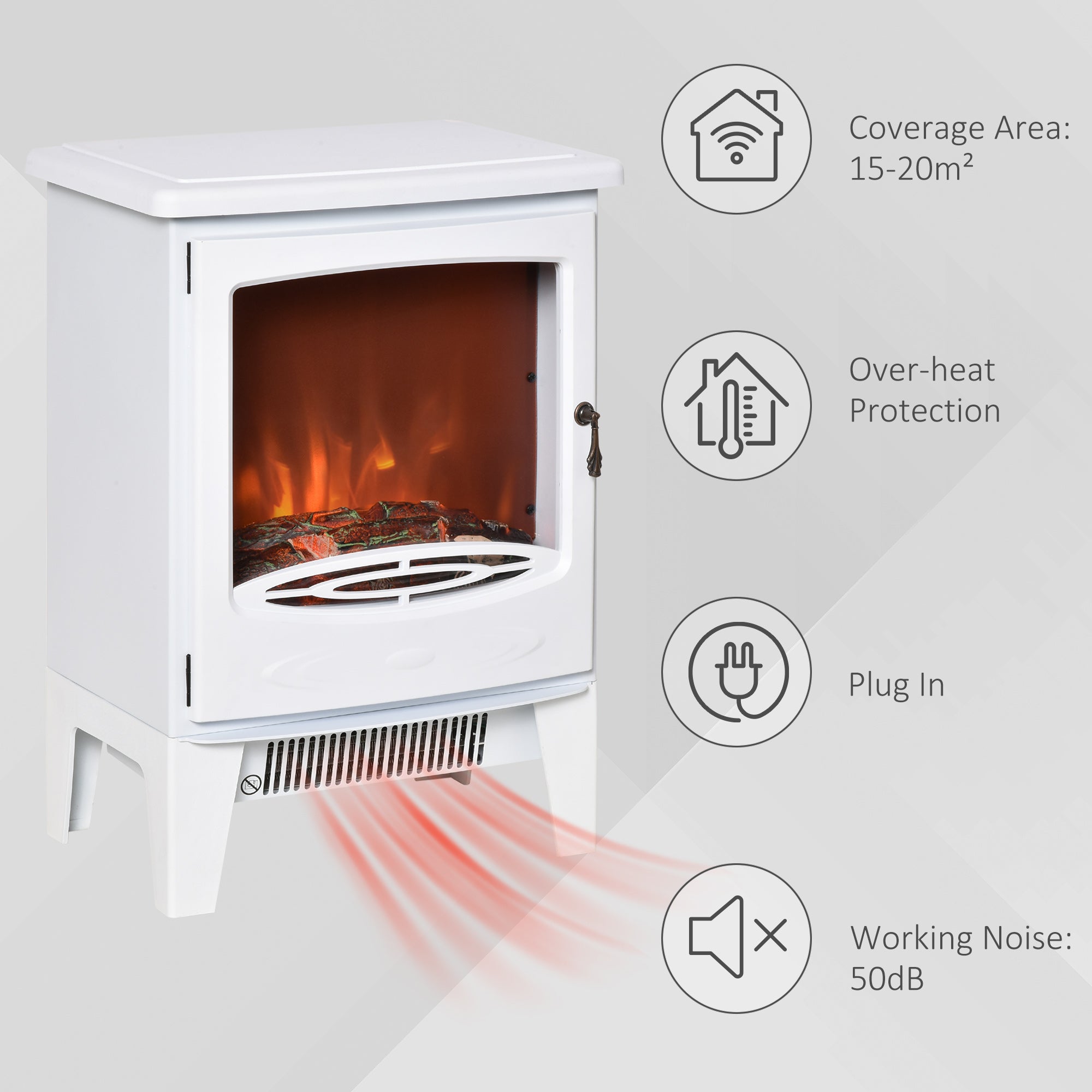 Kozy - Electric Fireplace Stove, Free standing Fireplace Heater with Realistic LED Flame Effect, Overheat Safety Protection, 900W/1800W, White