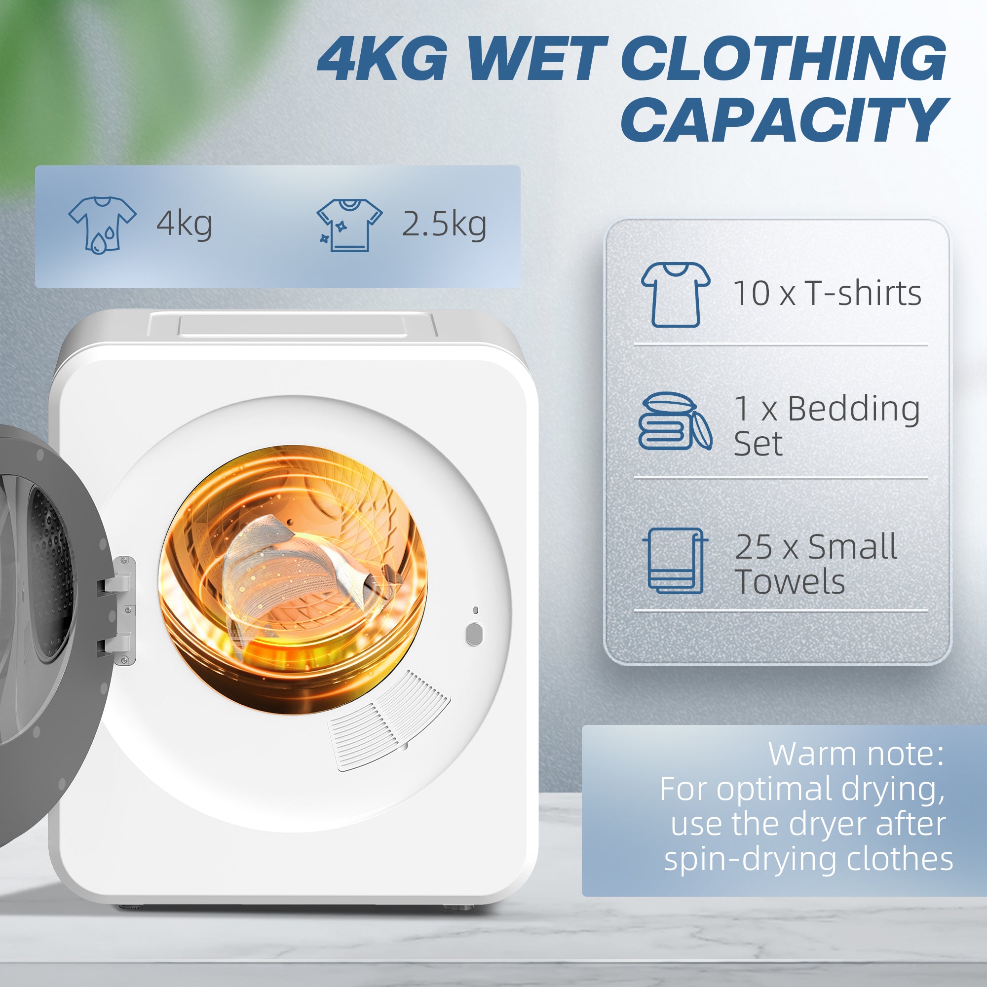 Kozy 4kg Vented Tumble Dryer, 800W Compact Freestanding Front Tumble Dryer with Stainless Steel Tub and Customisable Timer, Wall-Mounted Portable Small Clothes Drying Machine, White