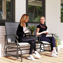 Kozy 2 Seats Garden Glider Bench, Metal Frame Loveseat with Glass Top  Centre Table, Porch Rocking Glider for 2 Person, for Deck, Patio, Brown/ Grey