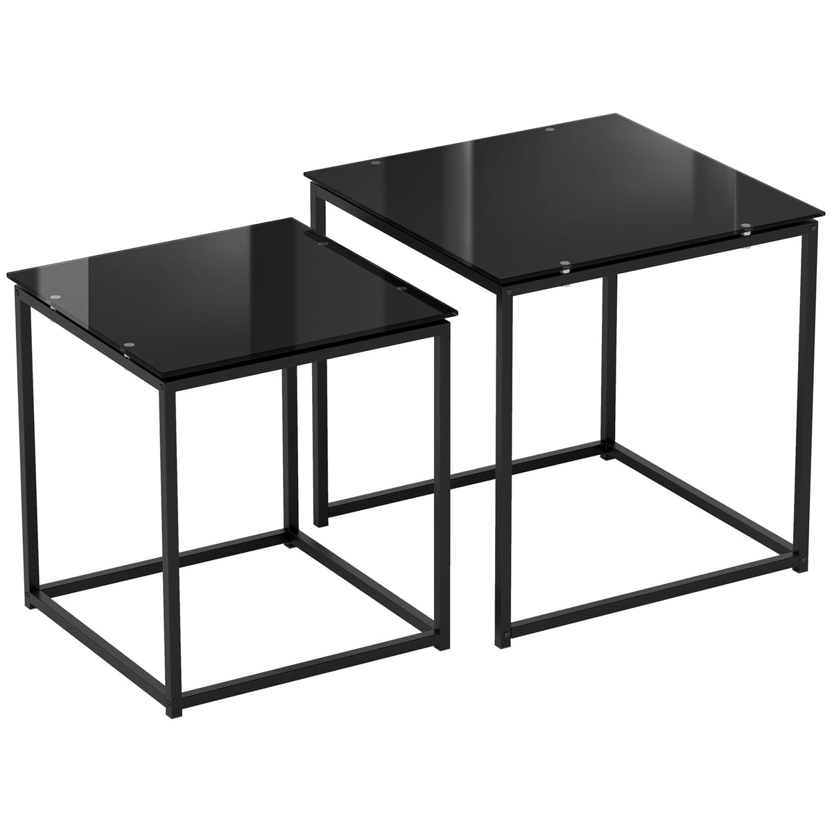 Kozy Nest of Tables, Set of 2 Coffee Table, Side Tables with Tempered Glass Desktop and Metal Frame for Living Room, Bedroom, Office, Black