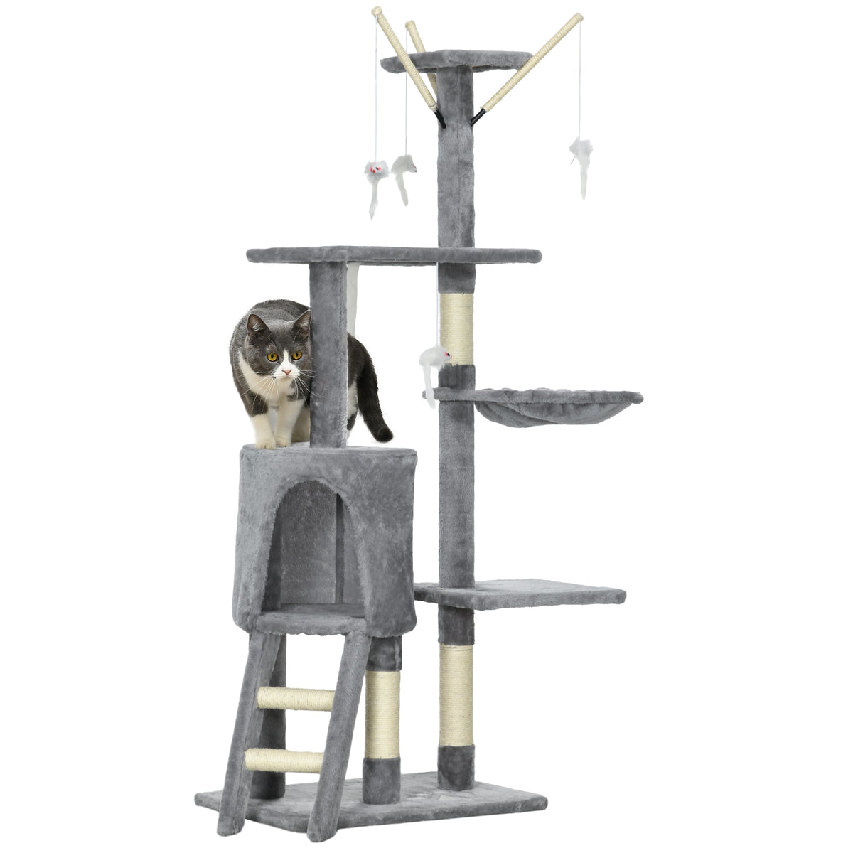 PawHut Cat Scratching Post, Cat Tree for Indoor Cats, Climbing Tower Scratcher with Ladder, Kitty Activity Centre, 135cm, Grey | Aosom UK