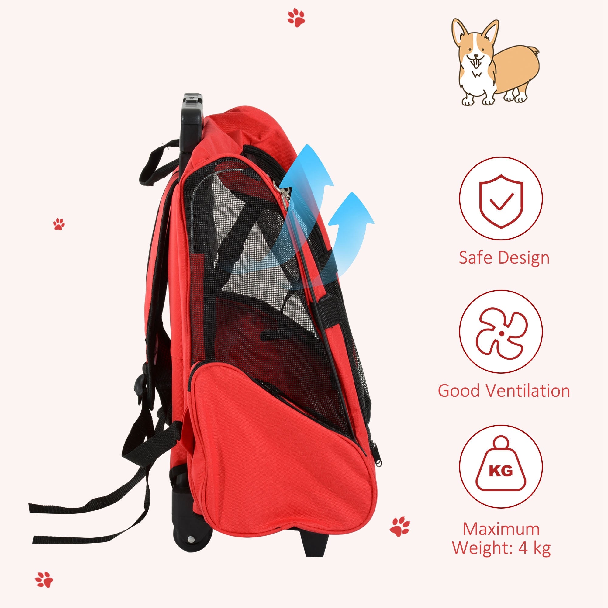 Kozy Pet Travel Backpack Bag Cat Puppy Dog Carrier w/ Trolley and Telescopic Handle Portable Stroller Wheel Luggage Bag (Red)