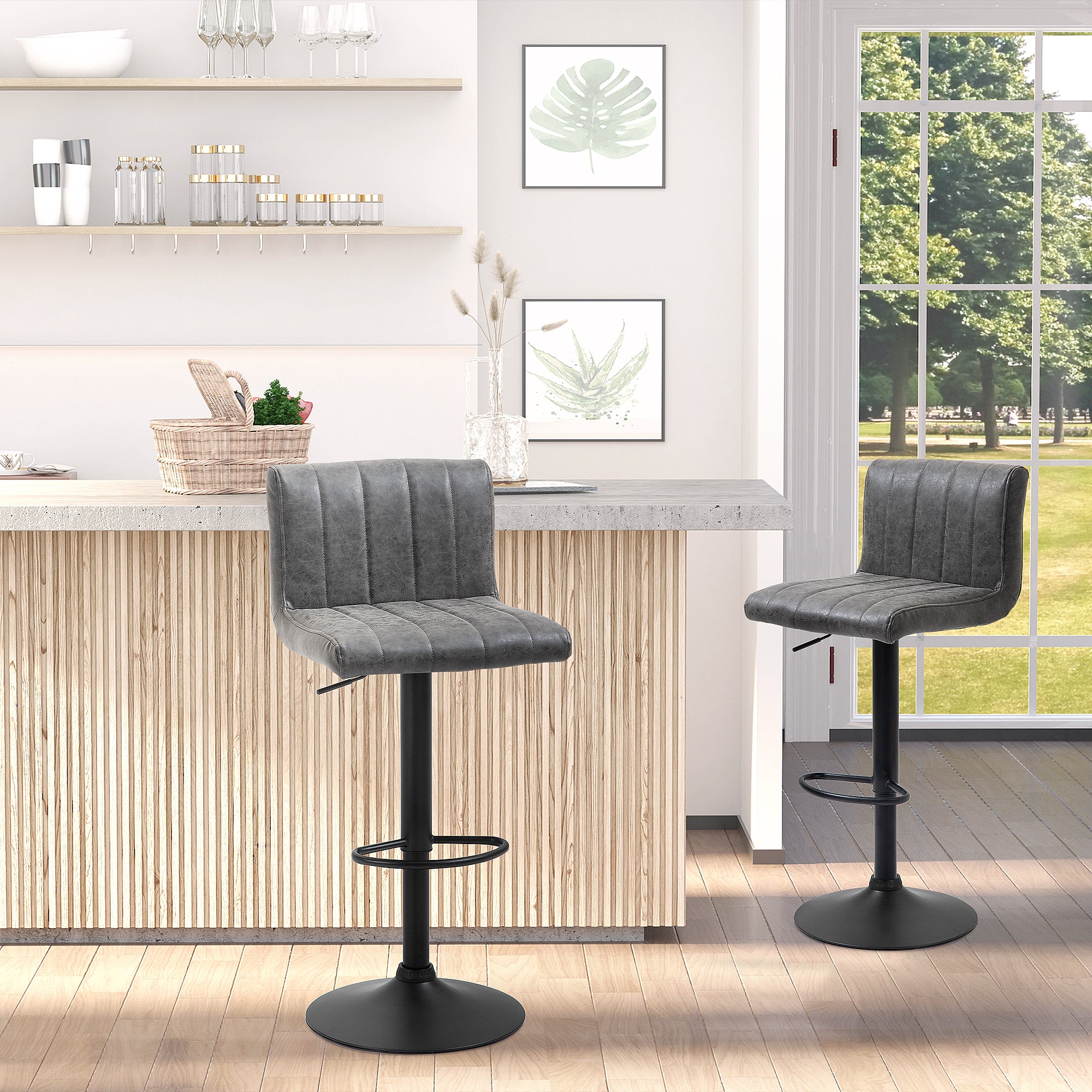 Kozy Adjustable Barstools Set of 2, Swivel Counter Bar Chairs, Bar Stools with Footrest, PU Leather, Gas Lift, Grey