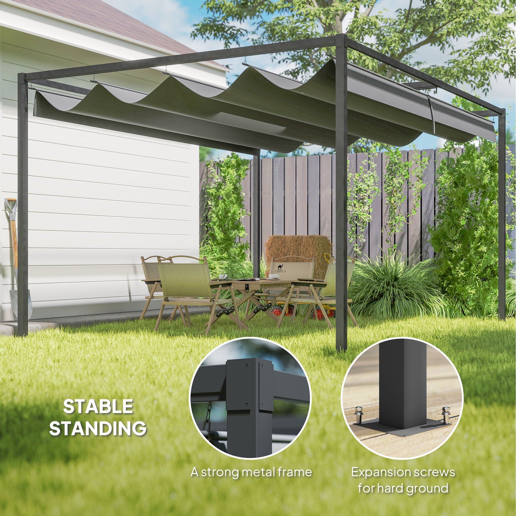 Kozy 4 x 3(m) Metal Outdoor Pergola with Retractable Roof, Outdoor Gazebo with Drainage Holes for Garden, Patio, Lawn, Grey