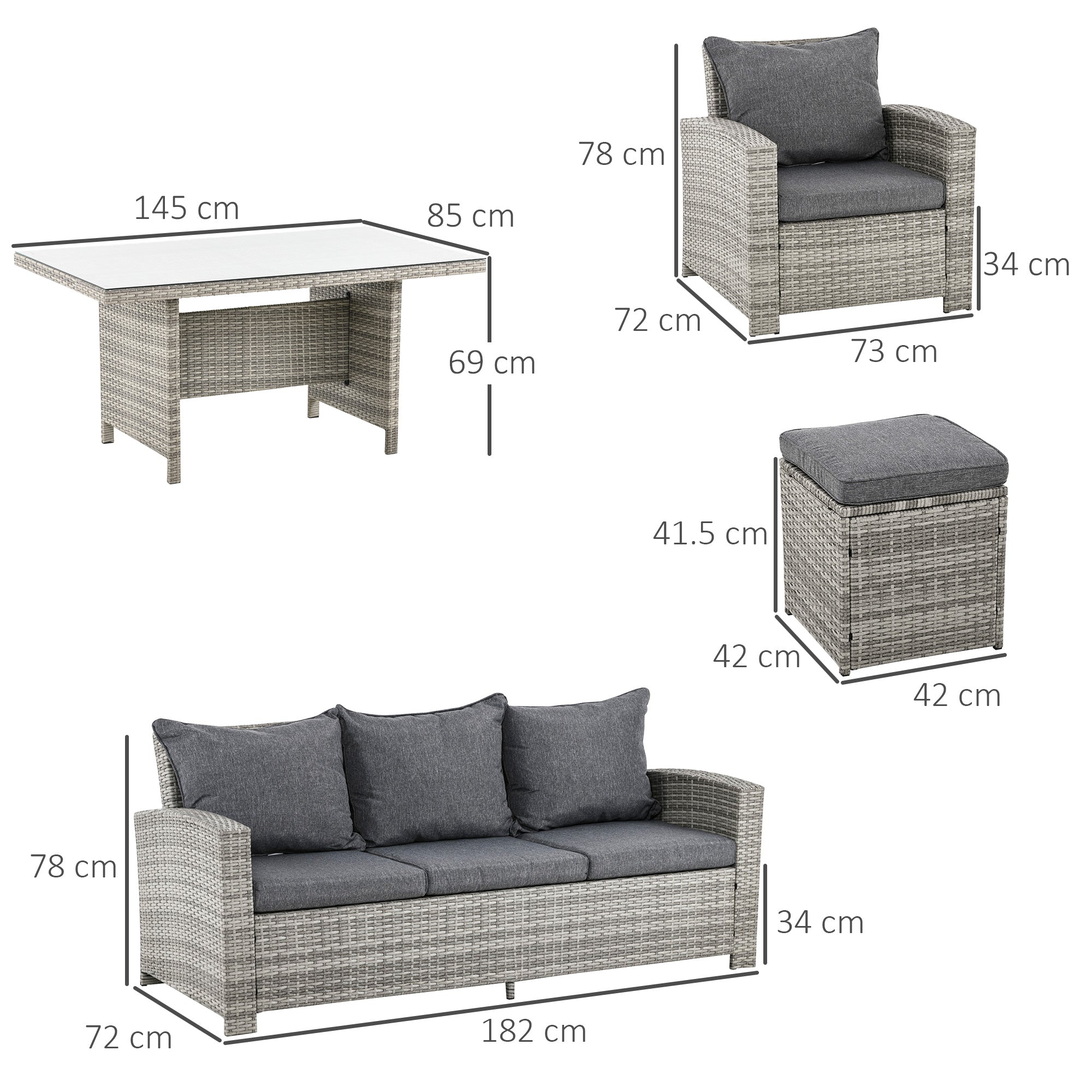 Kozy 6 Pieces PE Rattan Garden Furniture Set with Three-seat, Armchairs and Footstools, Aluminium Patio Wicker Dining Sets w/ Glass Top Dining Table, Soft Cushion, Light Grey