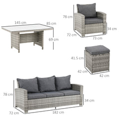 Kozy 6 Pieces PE Rattan Garden Furniture Set with Three-seat, Armchairs and Footstools, Aluminium Patio Wicker Dining Sets w/ Glass Top Dining Table, Soft Cushion, Light Grey
