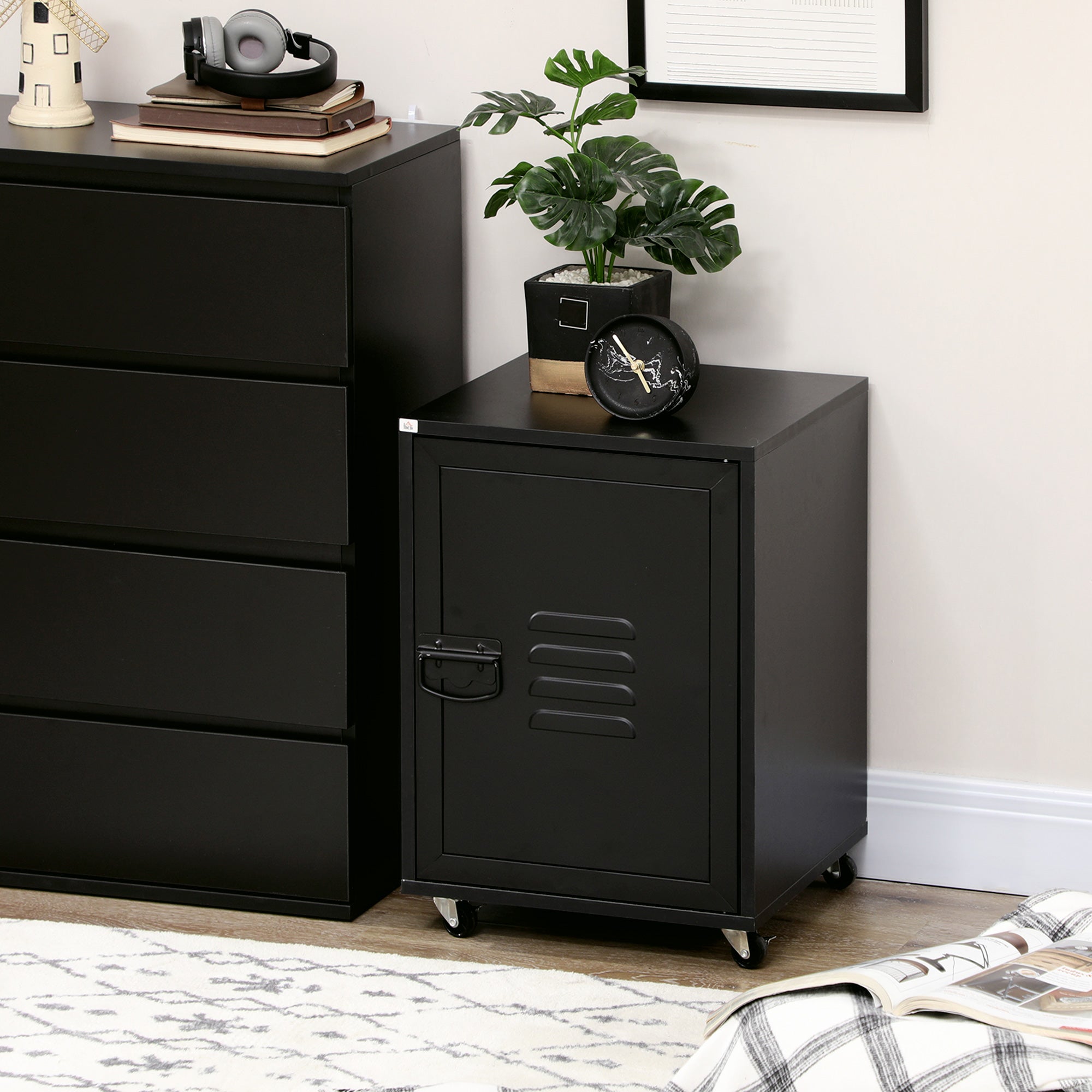 Kozy Rolling Metal Filing Cabinet, Industrial Mobile Storage Cabinet with Adjustable Shelf and Wheels for Home Office Living Room, Black
