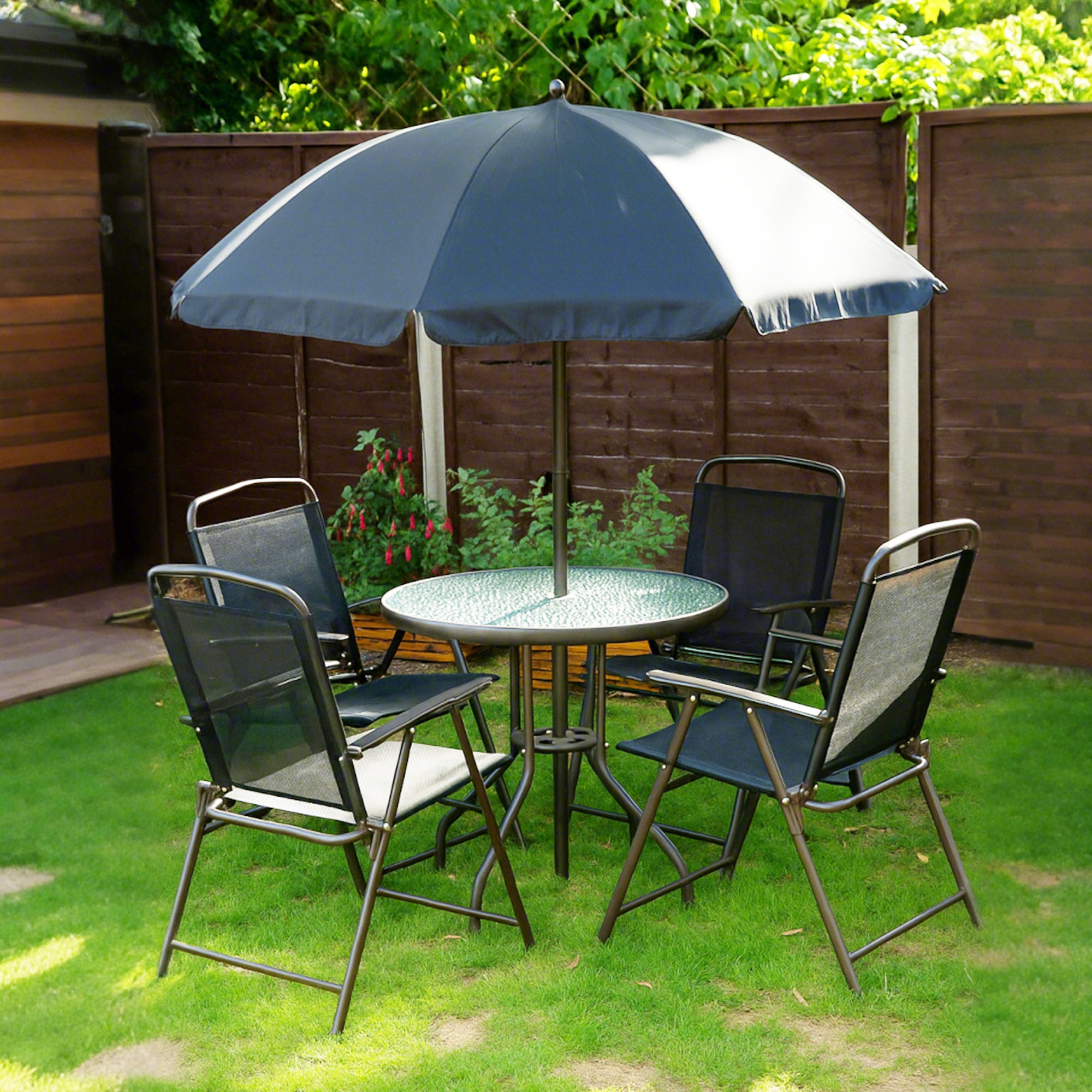 Kozy 6 Piece Garden Dining Set with Umbrella, Patio Sets with Parasol with 4 Folding Dining Chairs & Round Tempered Glass Table, Black