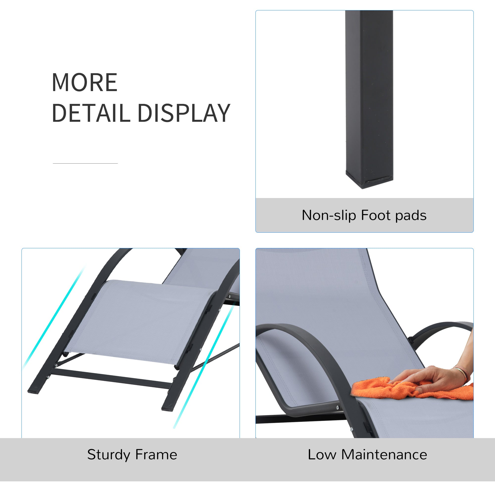 Kozy 3 Pieces Lounge Chair Set Metal Frame Garden Outdoor Recliner Sunbathing Chair with Table, Light Grey