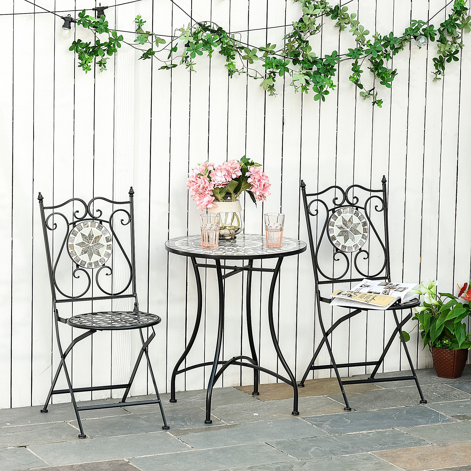 Kozy 3 Pcs Mosaic Tile Garden Bistro Set Outdoor Seating w/ Table 2 Folding Chairs Set Metal Frame Elegant Scrolling Indoor Patio Balcony