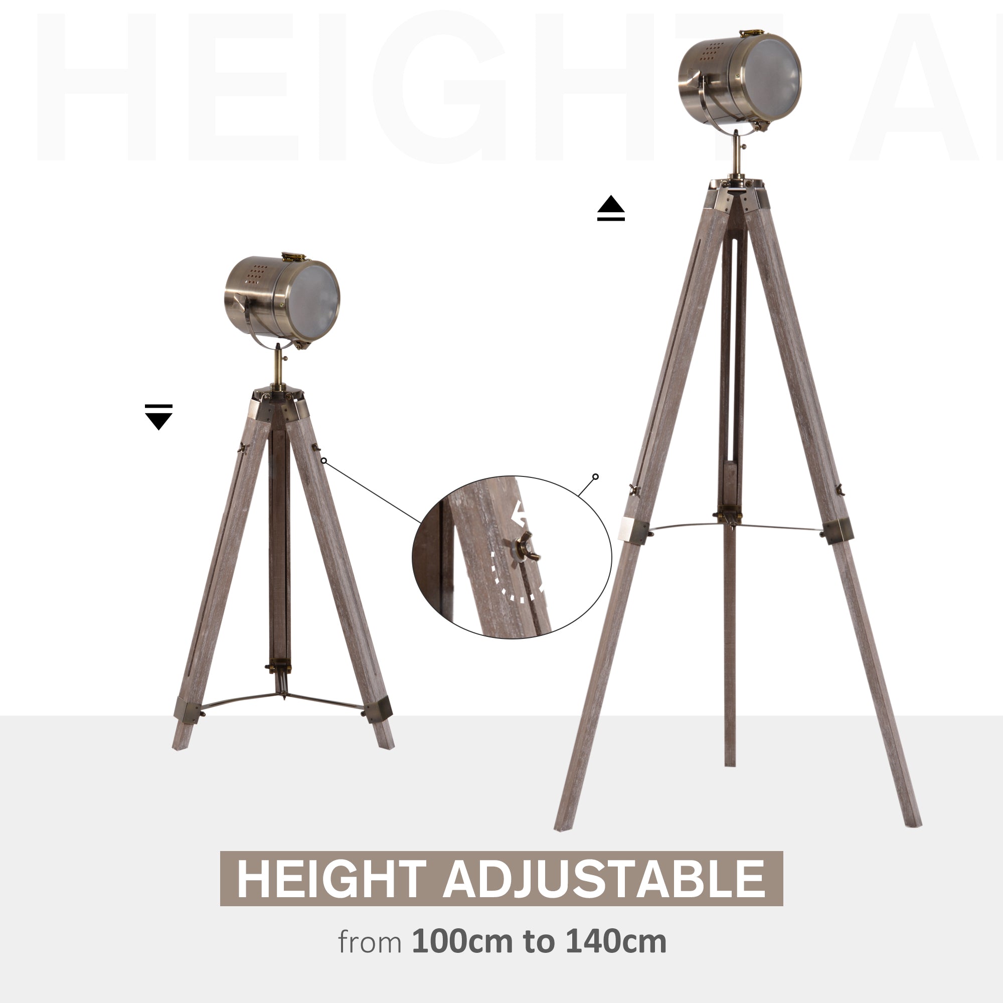 Kozy Industrial Tripod Floor Lamp, Nautical Searchlight with Adjustable Height, Wood Legs, E14 Lamp Base for Living Room, Bedroom, Grey and Bronze