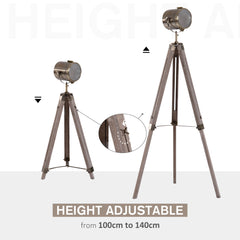 Kozy Industrial Tripod Floor Lamp, Nautical Searchlight with Adjustable Height, Wood Legs, E14 Lamp Base for Living Room, Bedroom, Grey and Bronze