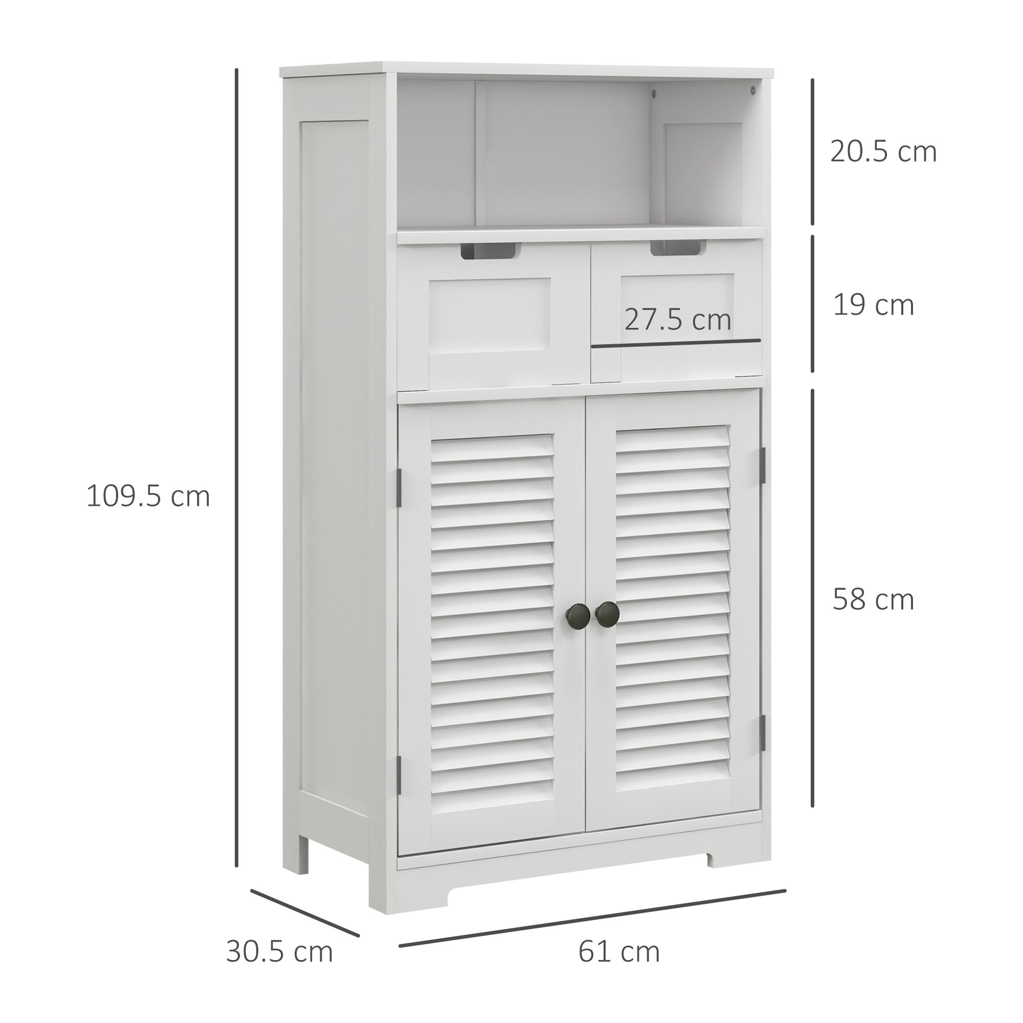 Kleankin Louvred Door Bathroom Storage Unit, Floor Cabinet with Drawers, Open Shelf, Adjustable Shelf, White | Aosom UK