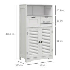 Kleankin Louvred Door Bathroom Storage Unit, Floor Cabinet with Drawers, Open Shelf, Adjustable Shelf, White | Aosom UK