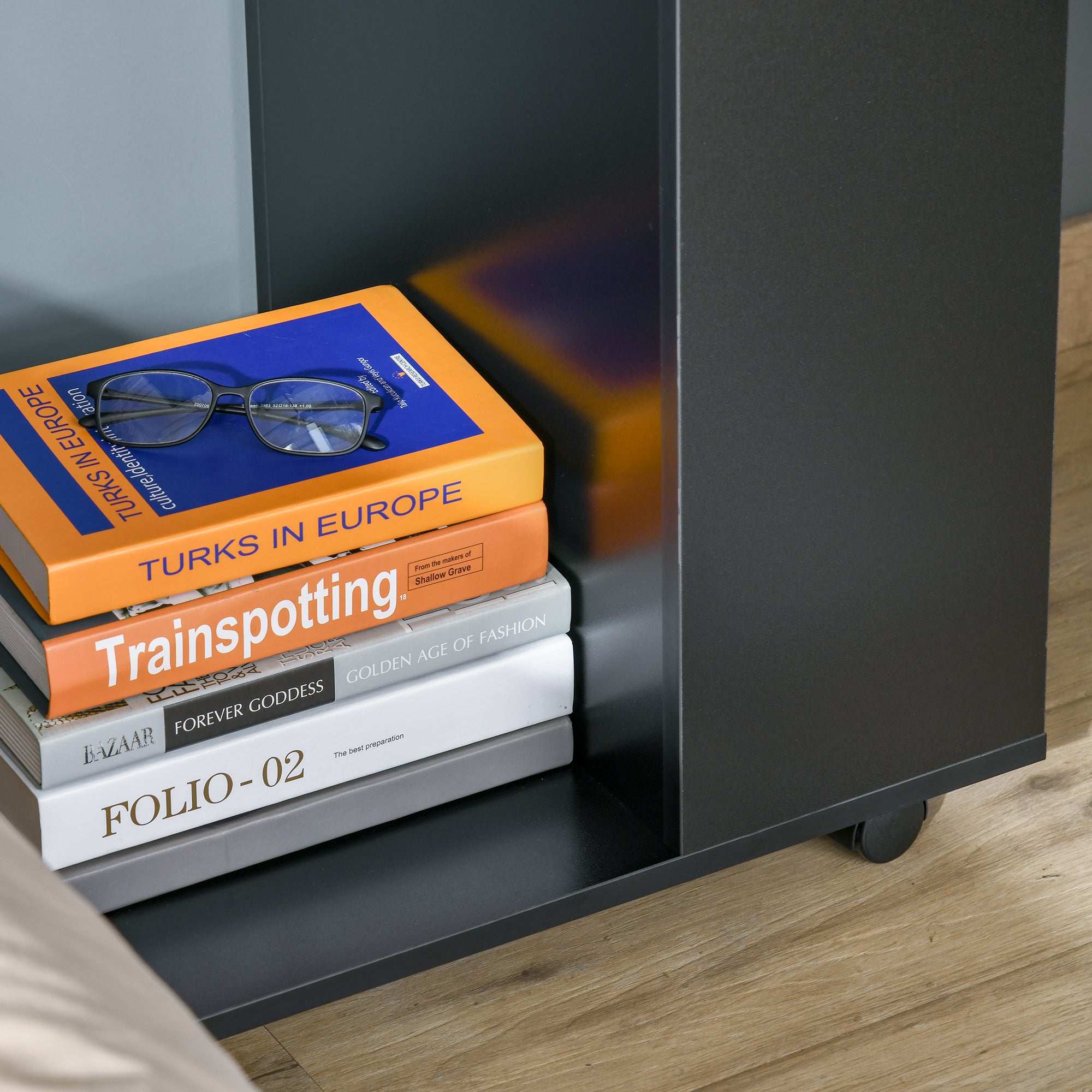 Kozy Mobile Sofa Side Table C-Shape End Table with Storage and Casters for Laptop Coffee Snack, Black