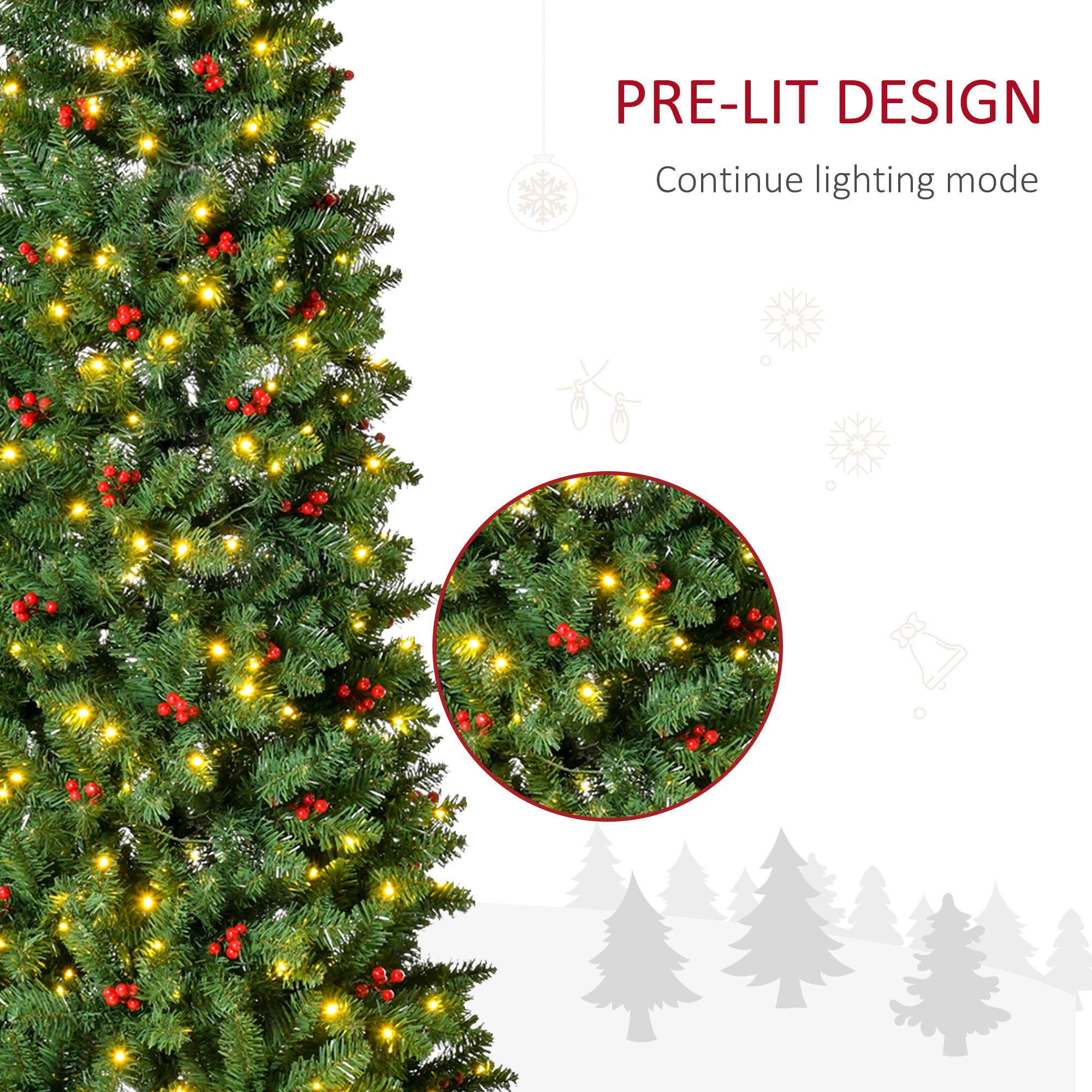 Kozy 7FT Prelit Artificial Pencil Christmas Tree with Warm White LED Light, Red Berry, Holiday Home Xmas Decoration, Green