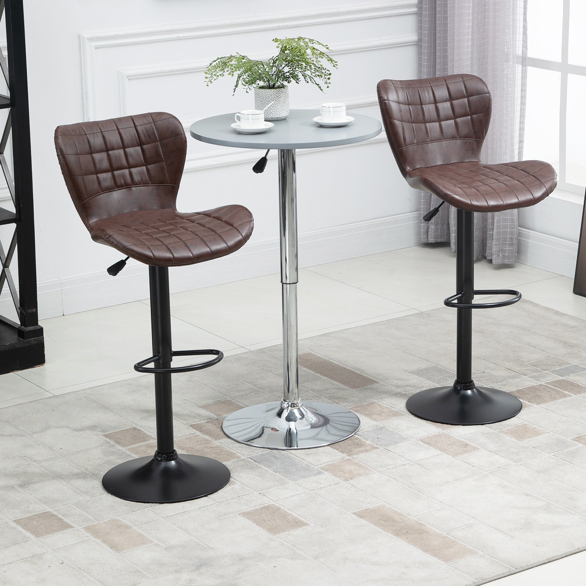 Kozy Bar Stools Set of 2 Adjustable Height Swivel Bar Chairs in PU Leather with Backrest & Footrest, Brown