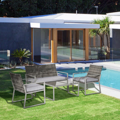 Kozy 4PC Rattan Garden Furniture Set 2 Single Sofa Arm Chairs 1 Bench with Cushions & Coffee Table Patio Backyard Wicker Weave