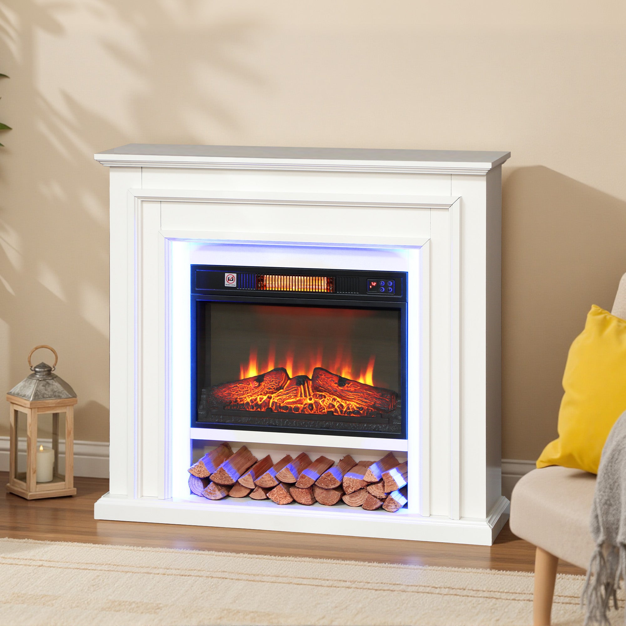 Kozy Electric Fireplace with Surround, LED Lights, 38" 1800W Inset Electric Fire and Mantel Reach up to 30 m² with Realistic Flame Effect & 3 Brightness, Remote & Timer for Living Room, White
