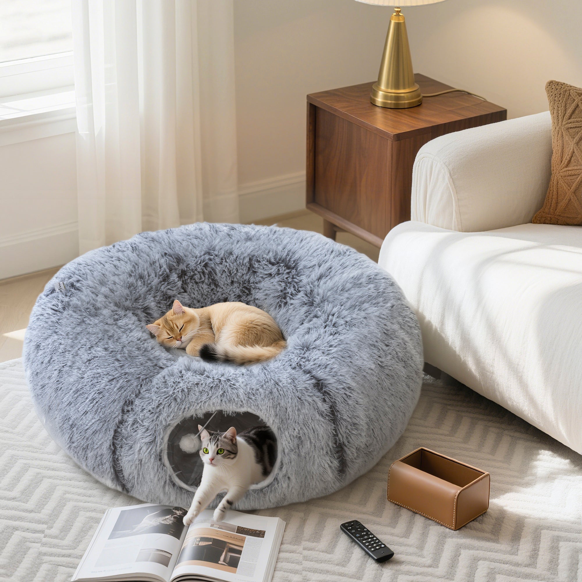 Kozy - 2-in-1 Donut Cat Tunnel with Washable Bed, Play Tunnel Bed with Toy Ball and Door Hole for Indoor Cats, Light Grey