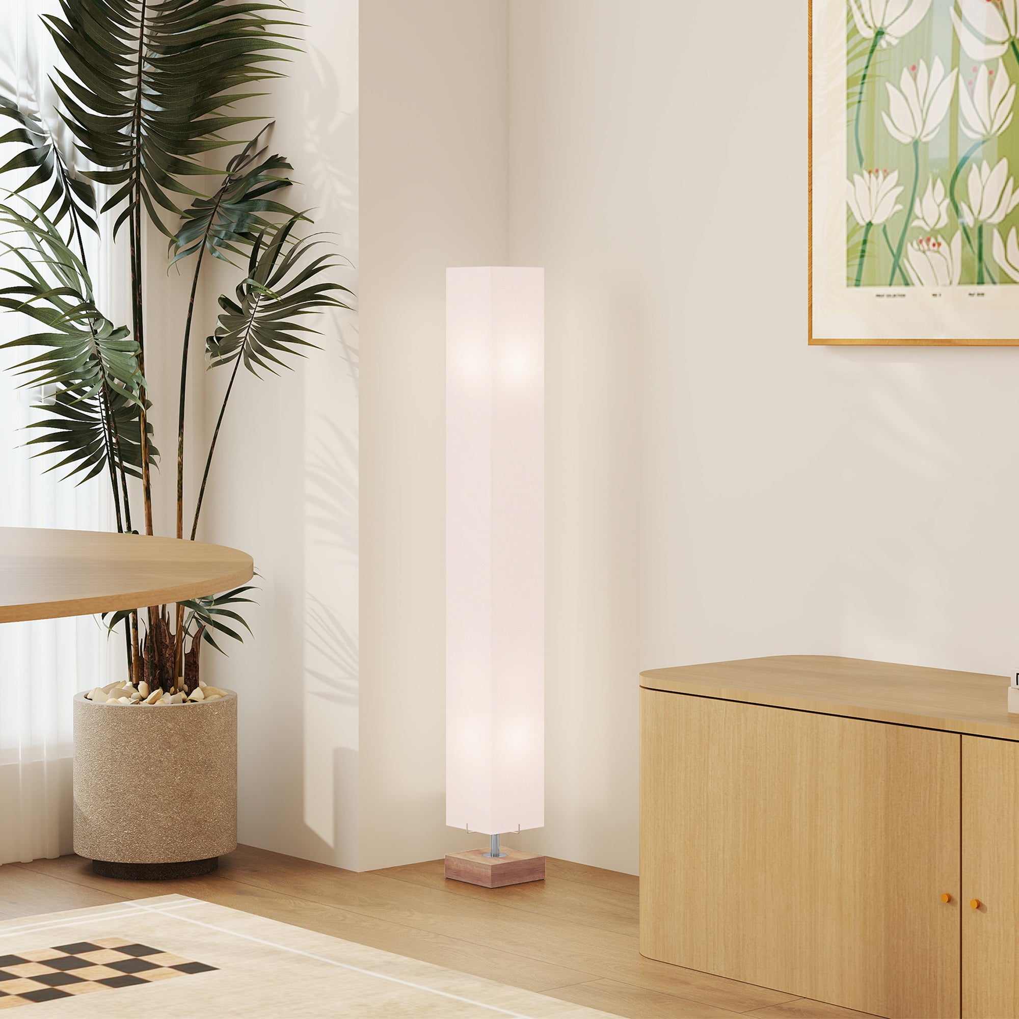 Kozy Floor Lamp, 120cm Standing Lamp with Linen Lampshade, Standard Light with Pine Wood Base for Living Room, Bedroom (Bulbs Not Included)