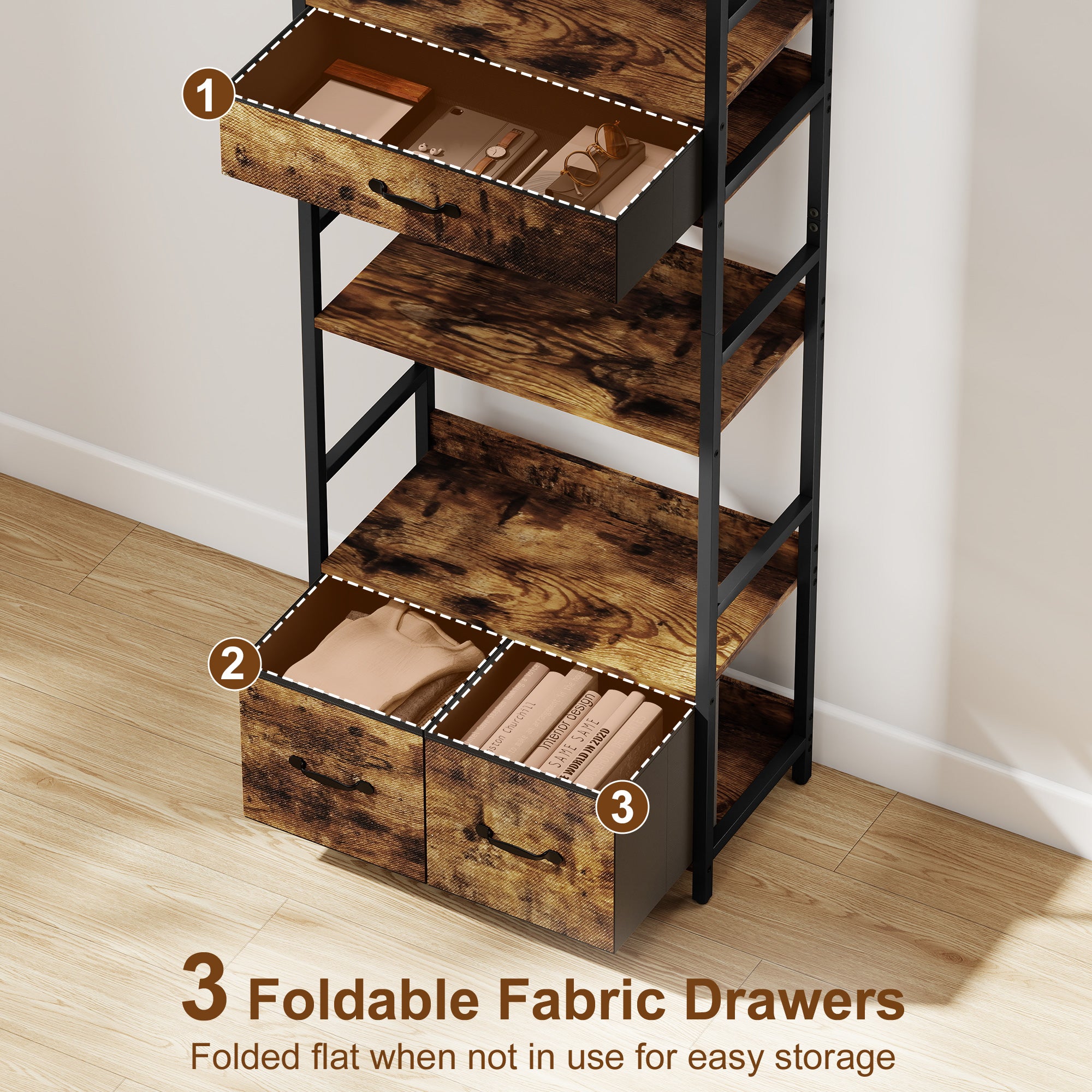 Kozy Industrial Style Bookcase, with 4 Shelves and 3 Fabric Drawers - Brown/Black