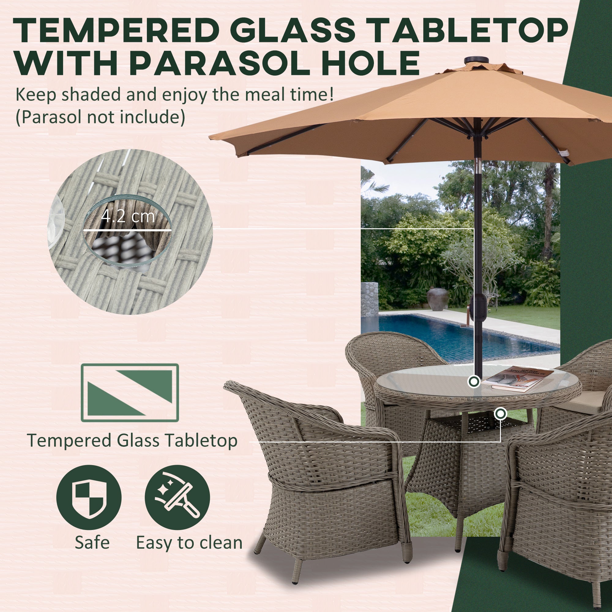 Kozy 4 Seater Rattan Garden Furniture Set with Cushions, Round PE Rattan Dining Set with Glass-Top Table, Umbrella Hole, Outdoor Garden Table and Chairs, Mixed Grey