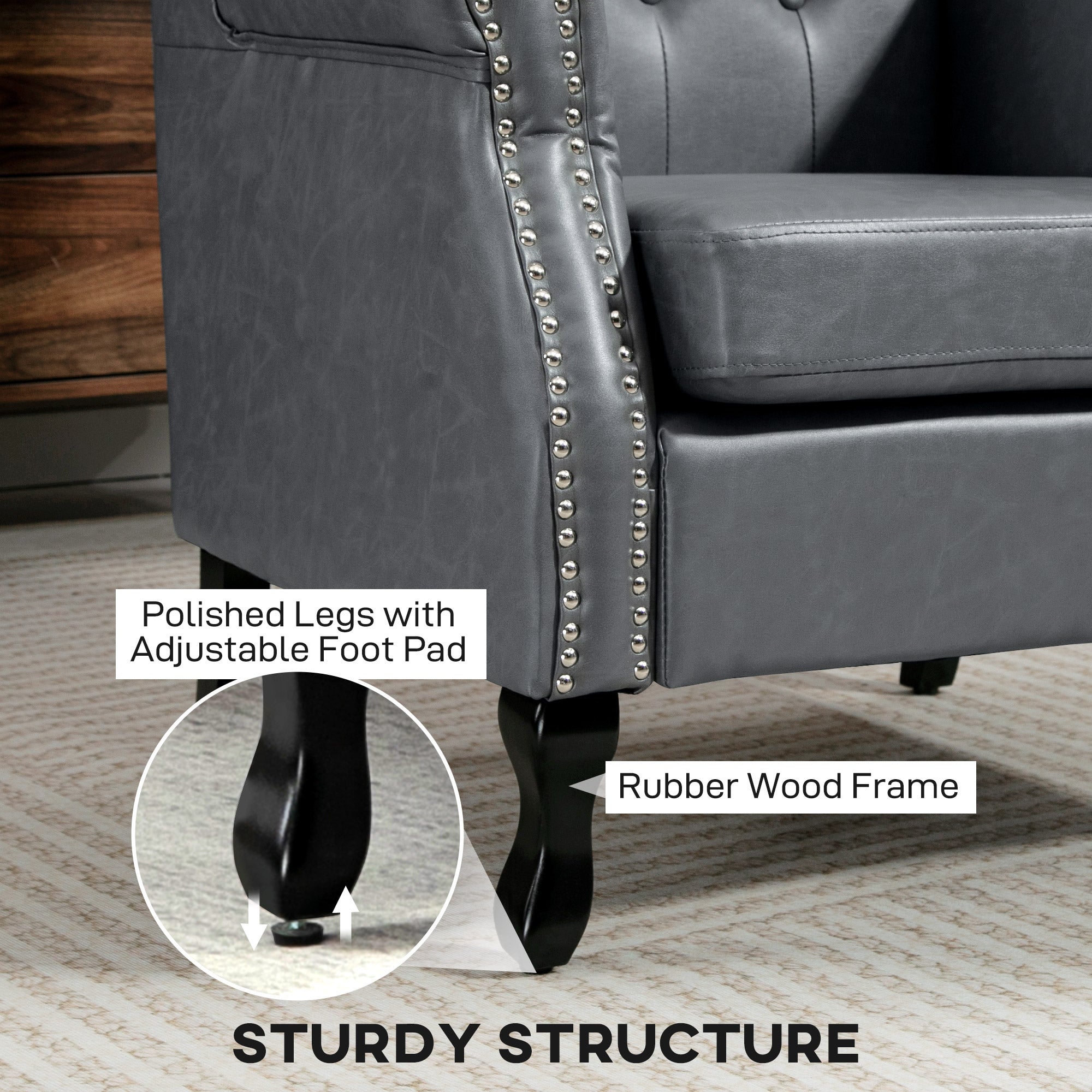 Kozy - Wingback Accent Chair Tufted Chesterfield-style Armchair with Nail Head Trim for Living Room Bedroom Grey