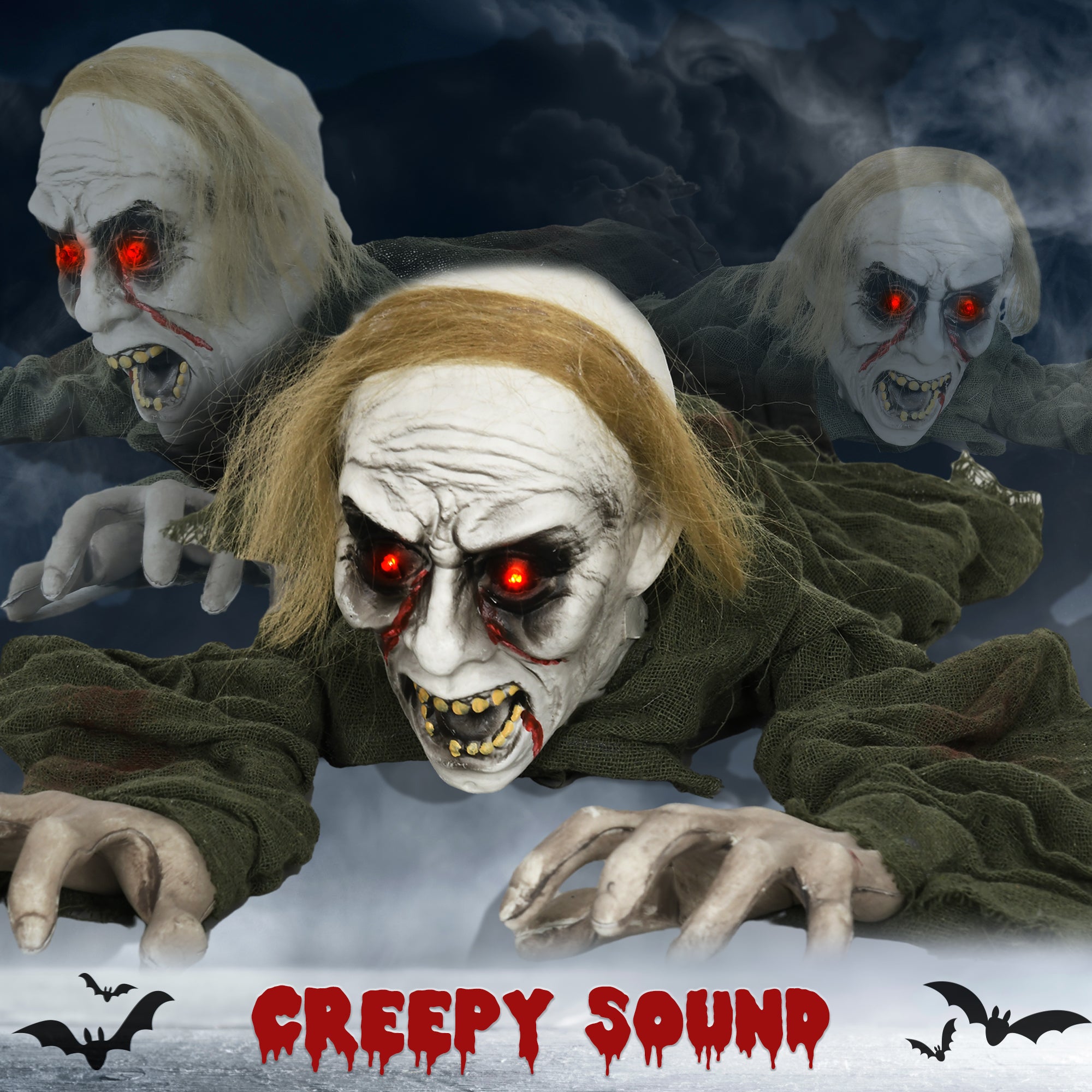 Kozy - 167 cm Outdoor Halloween Decoration Crawling Zombie, Animated Prop Decor with Sound Activated, Light Up Eyes
