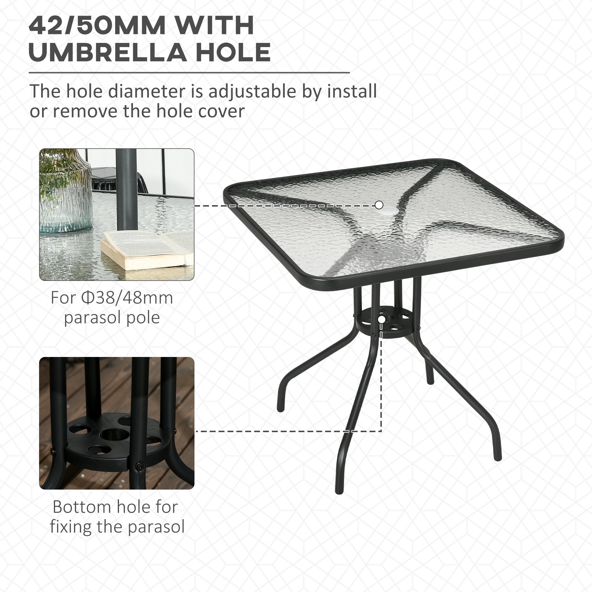 Kozy Square Garden Dining Table with Tempered Glass Top & Umbrella Hole, 76 x 76 cm
