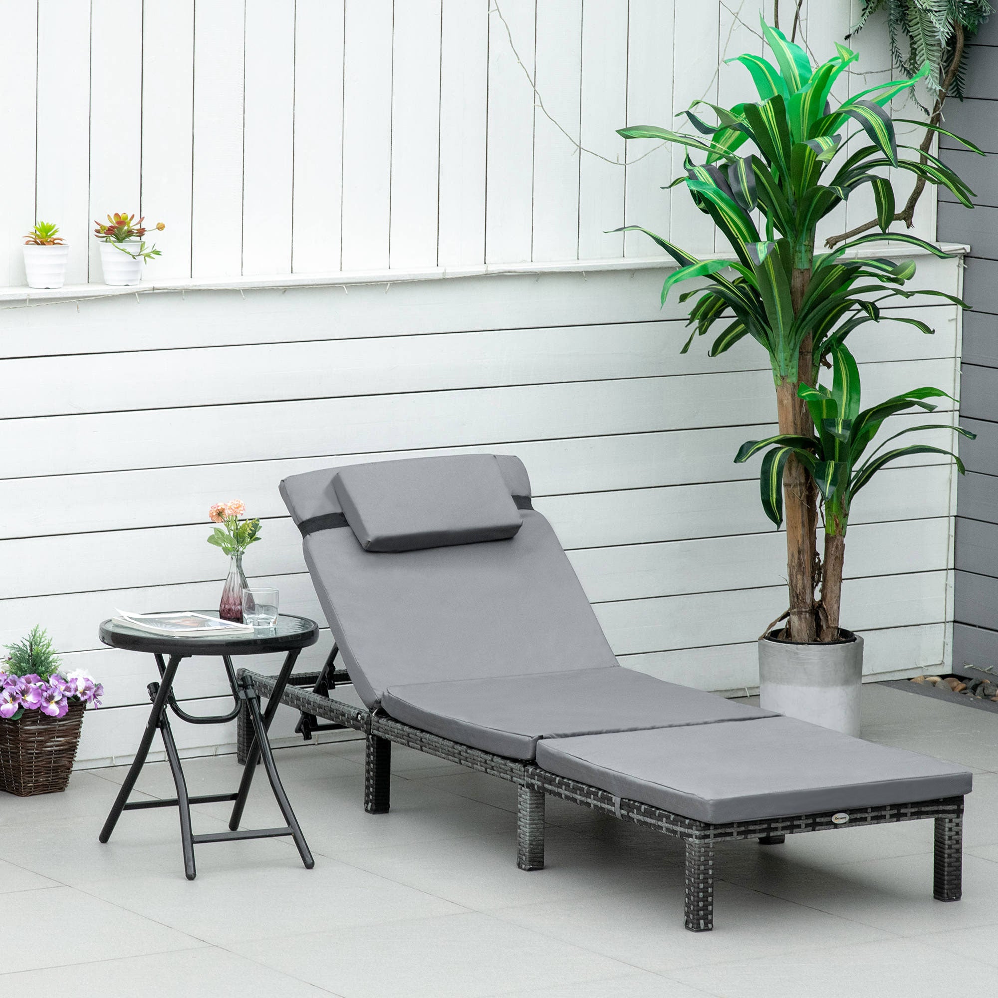 Kozy Rattan Sun Lounger, 5-Level Adjustable Garden Lounger Recliner with Cushion and Headrest, Outdoor Reclining Sunbed, Steel Frame Garden Chair for Patio, Beach, Terrace, Dark Grey