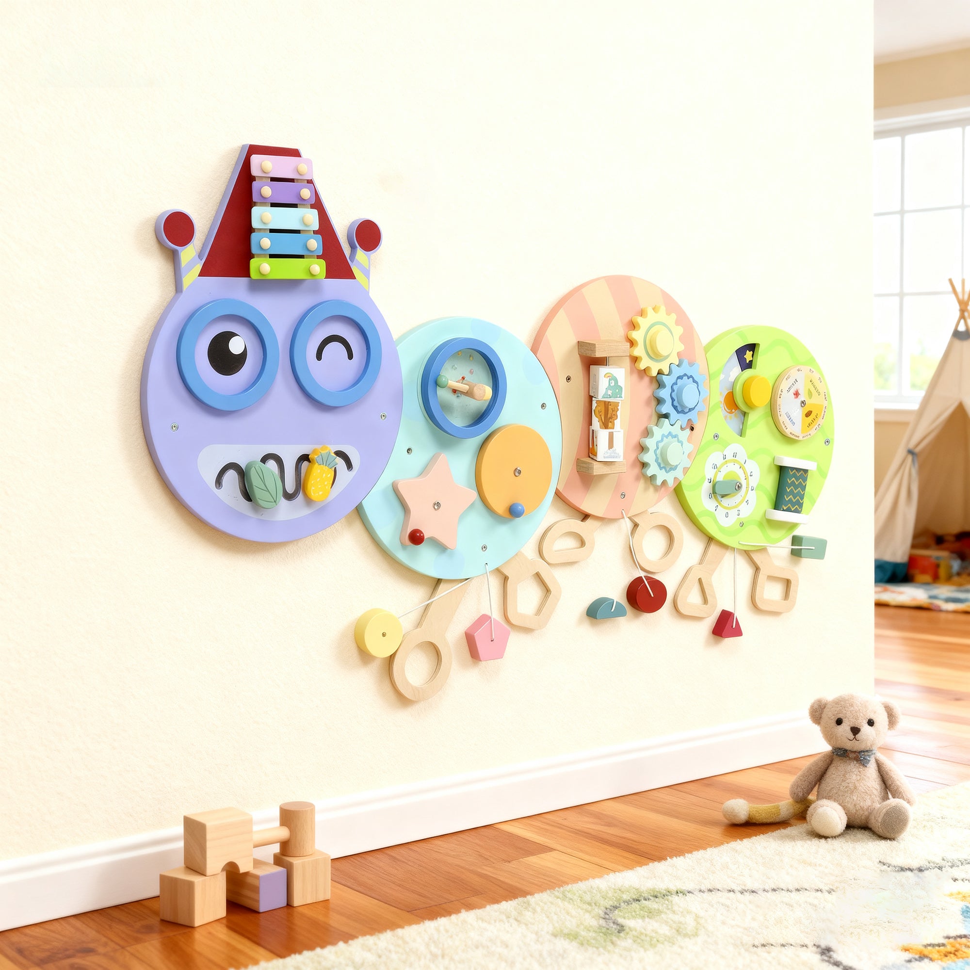 Kozy Caterpillar Busy Board with 7 Activities, for Nursery, Playroom, Home, for 3+ Years