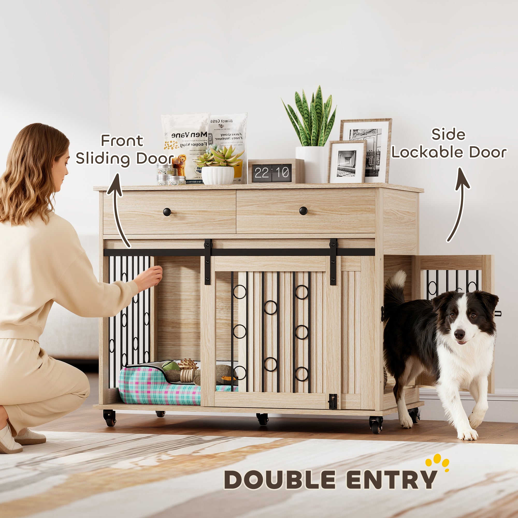 Kozy Dog Crate Furniture on Wheels, Dog Cage with 2 Drawers, Sliding Door, for Medium Large Dogs, Oak Tone