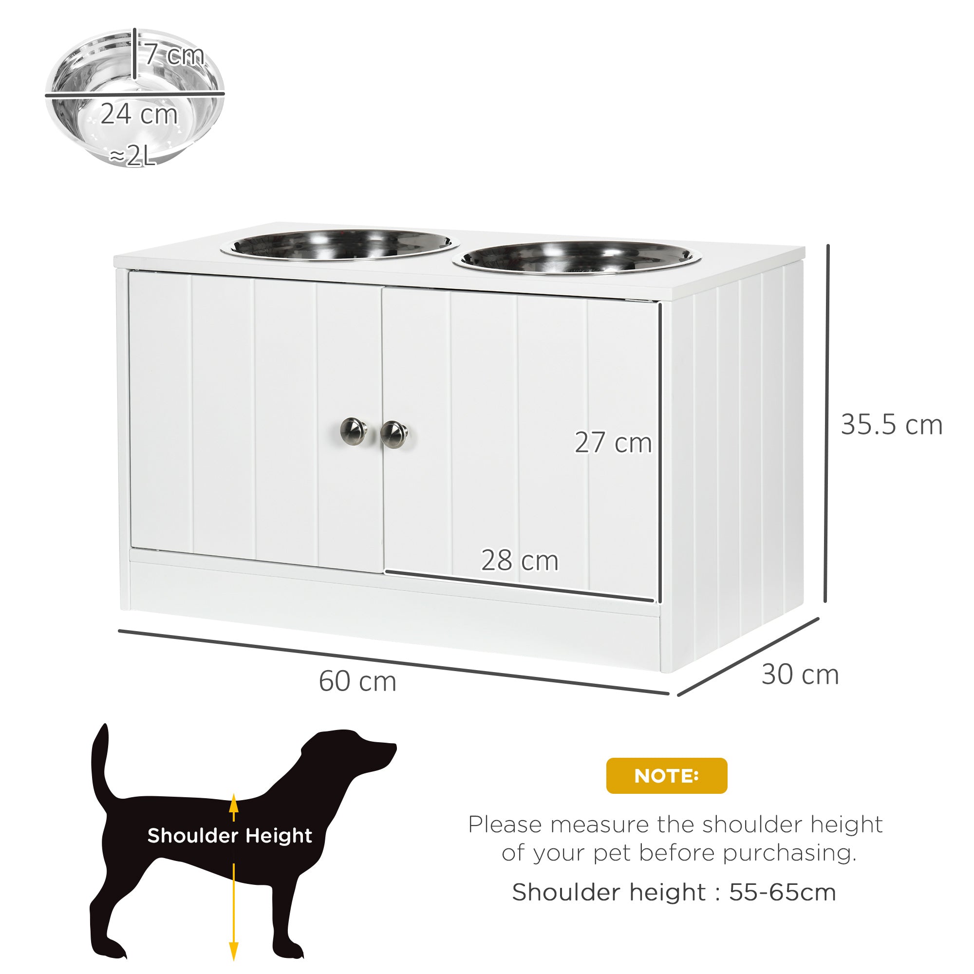 PawHut Elevated Dog Bowls for Large Breeds, Pet Feeding Station with Storage, 2 Stainless Steel Bowls, White, 60x30x35.5cm | Aosom UK