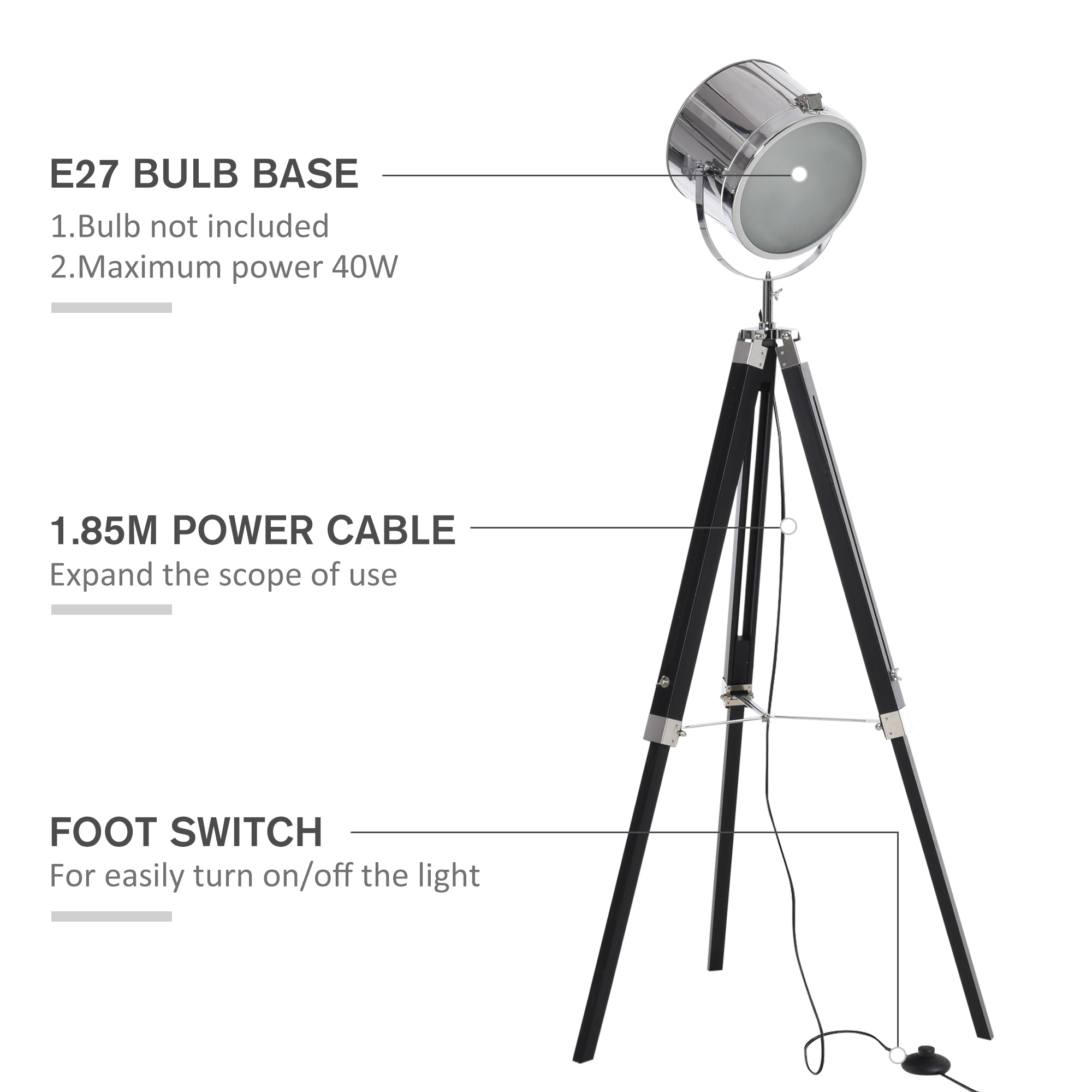 Kozy Industrial Style Adjustable Tripod Floor Lamp, Searchlight Lamp with Wooden Legs and Steel Lampshade, 110-155cm, Black