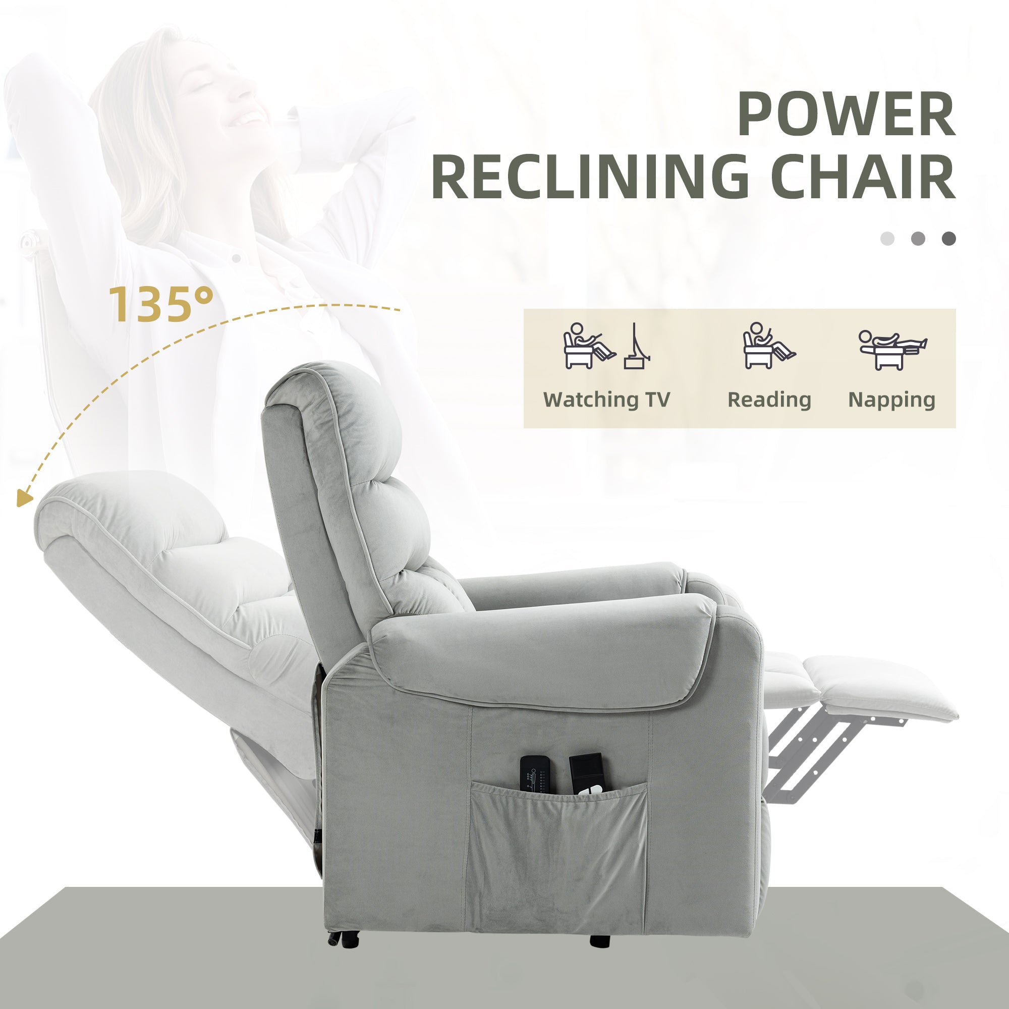 HOMCOM Vibration Massage Rise and Recliner Chair, Electric Power Lift Recliner with Remote Control and Side Pocket, Grey