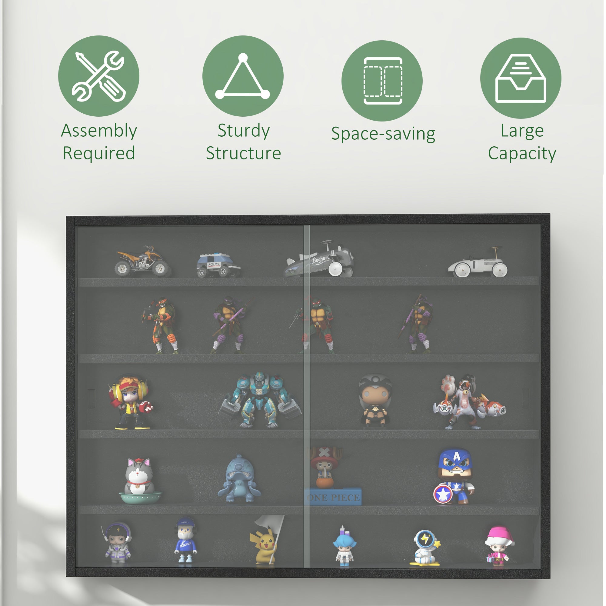 Kozy 5-Tier Wall Display Shelf Unit Cabinet w/ 4 Adjustable Shelves Glass Doors Home Office Ornaments 60x80cm Black