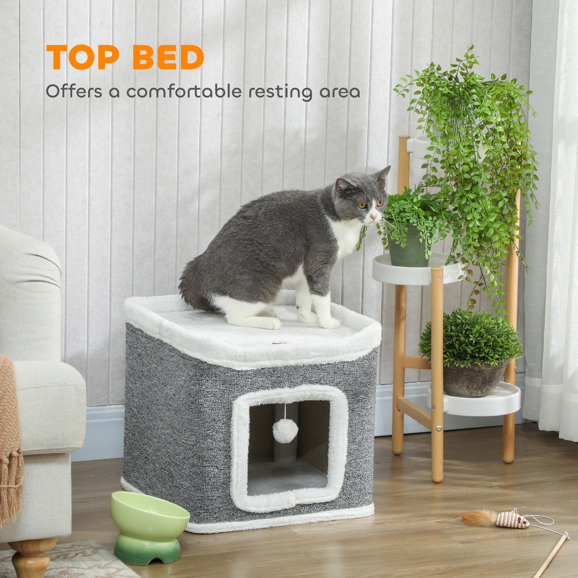 Kozy Cat House for Indoor Kittens, 2-Level Cat Cave Bed with Fluffy Balls, Top Bed, Kitten Barrel for Multi Kitties, Grey